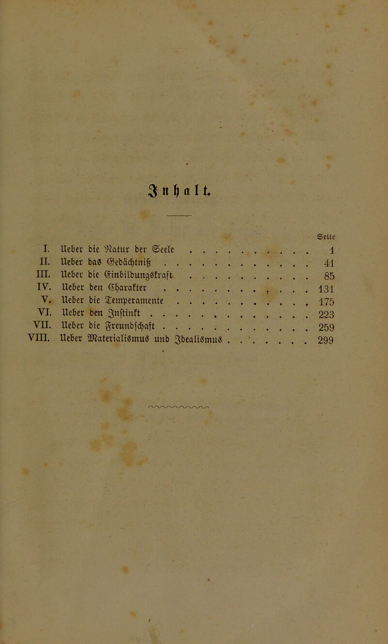 3 n M 11. Seite I. Uebet bie l'^atur ber ©ecle 1 II. lieber ba« @ebäc^tni§ 41 III. Heber bie Ginbilbungälraft 85 IV. Heber ben S^arofter . . . 131 V. Heber bie jtemijeramente 175 VI. Heber ben ^nflinft 223 VII. Heber bie greunbf(i^aft 259 VIII. Heber 2JIateriaIiSmui3 unb ^bealiSmuä . . ' 299