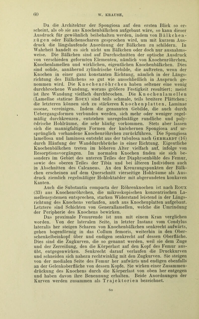 Da die Architektur der Spongiosa auf den ersten Blick so er- scheint, als ob sie aus Knochenbälkchen aufgebaut wäre, so kann dieser Ausdruck für gewöhnlich beibehalten werden, indem von Bälkchen - zügen oder Bälkchenscharen gesprochen wird, um mit kurzem Aus- druck die längslaufende Anordnung der Bälkchen zu schildern. In Wahrheit handelt es sich nicht um Bälkchen oder doch nur ausnahms- weise. Die Bälkchen sind auf Durchschnitten der optische Ausdruck von verschieden geformten Elementen, nämlich von Knochenröhrchen, Knochenlamellen und wirklichen, eigentlichen Knochenbälkchen. Dies sind solide, annähernd zylindrische Gebilde, die auftreten, wenn der Knochen in einer ganz konstanten Richtung, nämlich in der Längs- richtung des Bälkchens so gut wie ausschließlich in Anspruch ge- nommen wird. Die Knochenröhrchen haben seltener eine wenig durchbrochene Wandung, woraus größere Festigkeit resultiert; meist ist ihre Wandung vielfach durchbrochen. Die Knochenlamellen (Lamellae staticae Roux) sind teils schmale, teils breitere Plättchen; die letzteren können sich zu stärkeren Knochen platten. Laminae osseae, vereinigen. Indem die genannten Gebilde, die auch durch Uebergangsformen verbunden werden, sich mehr oder weniger regel- mäßig durchkreuzen, entstehen unregelmäßige rundliche und poly- edrische Hohlräume, die sehr häufig Vorkommen. Stets aber lassen sich die mannigfaltigen Formen der knöchernen Spongiosa auf ur- sprünglich vorhandene Knochenröhrchen zurückführen. Die Spongiosa lamellosa und laminosa entsteht aus der tubulosa nach Gebhardt (16) durch Häufung der Wanddurchbrüche in einer Richtung. Eigentliche Knochenbälkchen treten im höheren Alter vielfach auf, infolge von Resorptionsvorgängen. Im normalen Knochen finden sie sich be- sonders im Gebiet des unteren Teiles der Diaphysenhöhle des Femur, sowie des oberen Teiles der Tibia und bei älteren Individuen auch in Abschnitten des Calcaneus. An den Kreuzungspunkten der Bälk- chen erscheinen auf dem Querschnitt vierseitige Hohlräume als Aus- druck ziemlich regelmäßiger Hohloktaeder mit abgerundeten konkaven Kanten. Auch die Substantia compacta der Röhrenknochen ist nach Roux (33) aus Knochenröhrchen, die mikroskopischen konzentrischen La- mellensystemen entsprechen, starken Widerstand leistend in der Längs- richtung des Knochens verlaufen, auch aus Ivnocheuplatten aufgebaut. Letztere sind Schichten von Generallamellen, welche die Umrindung der Peripherie des Knochens bewirken. Das proximale Femurende ist nun mit einem Kran verglichen worden. Von der lateralen Seite, in letzter Instanz vom Condylus lateralis her steigen Scharen von Knochenbälkchen senkrecht aufwärts, gehen bogenförmig in das Collum femoris, weiterhin in den Ober- schenkelbeinkopf über und endigen senkrecht auf dessen Oberfläche. Dies sind die Zugkurven, die so genannt werden, weil sie dem Zuge und der Zerreißung, den die Körperlast auf den Kopf des Femur aus- übt, entgegenwirken. Senkrecht darauf verlaufen die Druckkurven und schneiden sich nahezu rechtwinklig mit den Zugkurven. Sie steigen von der medialen Seite des Femur her aufwärts und endigen ebenfalls an der Gelenkoberfläche von dessen Kopfe. Sie wirken einer Zusammen- drückung des Knochens durch die Körperlast von oben her entgegen und haben davon ihre Benennung erhalten. Beide Anordnungen der Kurven werden zusammen als Trajektorien bezeichnet. 6o