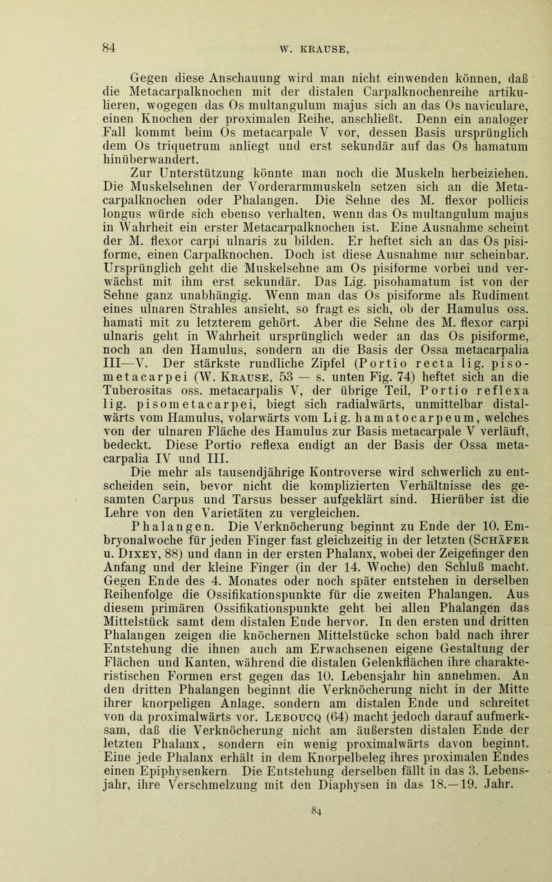 Gegen diese Anschauung wird man nicht einwenden können, daß die Metacarpalknochen mit der distalen Carpalknochenreihe artiku- lieren, wogegen das Os multangulum majus sich an das Os naviculare, einen Knochen der proximalen Reihe, anschließt. Denn ein analoger Fall kommt beim Ös metacarpale V vor, dessen Basis ursprünglich dem Os triquetrum anliegt und erst sekundär auf das Os hamatum hinüberwandert. Zur Unterstützung könnte man noch die Muskeln herbeiziehen. Die Muskelsehnen der Vorderarmmuskeln setzen sich an die Meta- carpalknochen oder Phalangen. Die Sehne des M. flexor pollicis longus würde sich ebenso verhalten, wenn das Os multangulum majus in Wahrheit ein erster Metacarpalknochen ist. Eine Ausnahme scheint der M. flexor carpi ulnaris zu bilden. Er heftet sich an das Os pisi- forme, einen Carpalknochen. Doch ist diese Ausnahme nur scheinbar. Ursprünglich geht die Muskelsehne am Os pisiforme vorbei und ver- wächst mit ihm erst sekundär. Das Lig. pisoliamatum ist von der Sehne ganz unabhängig. Wenn man das Os pisiforme als Rudiment eines ulnaren Strahles ansieht, so fragt es sich, ob der Hamulus oss. hamati mit zu letzterem gehört. Aber die Sehne des M. flexor carpi ulnaris geht in Wahrheit ursprünglich weder an das Os pisiforme, noch an den Hamulus, sondern an die Basis der Ossa metacarpalia III—V. Der stärkste rundliche Zipfel (Portio recta lig. piso- metacarpei (W. Krause, 53 — s. unten Fig. 74) heftet sich an die Tuberositas oss. metacarpalis V, der übrige Teil, Portio reflexa lig. pisometacarpei, biegt sich radialwärts, unmittelbar distal- wärts vom Hamulus, volarwärts vom Lig. hamatocarpeum, welches von der ulnaren Fläche des Hamulus zur Basis metacarpale V verläuft, bedeckt. Diese Portio reflexa endigt an der Basis der Ossa meta- carpalia IV und III. Die mehr als tausendjährige Kontroverse wird schwerlich zu ent- scheiden sein, bevor nicht die komplizierten Verhältnisse des ge- samten Carpus und Tarsus besser aufgeklärt sind. Hierüber ist die Lehre von den Varietäten zu vergleichen. Phalangen. Die Verknöcherung beginnt zu Ende der 10. Em- bryonalwoche für jeden Finger fast gleichzeitig in der letzten (Schäfer u. Dixey, 88) und dann in der ersten Phalanx, wobei der Zeigefinger den Anfang und der kleine Finger (in der 14. Woche) den Scliluß macht. Gegen Ende des 4. Monates oder noch später entstehen in derselben Reihenfolge die Ossifikationspunkte für die zweiten Phalangen. Aus diesem primären Ossifikationspunkte geht bei allen Phalangen das Mittelstück samt dem distalen Ende hervor. In den ersten und dritten Phalangen zeigen die knöchernen Mittelstücke schon bald nach ihrer Entstehung die ihnen auch am Erwachsenen eigene Gestaltung der Flächen und Kanten, während die distalen Gelenkflächen ihre charakte- ristischen Formen erst gegen das 10. Lebensjahr hin annehmen. An den dritten Phalangen beginnt die Verknöcherung nicht in der Mitte ihrer knorpeligen Anlage, sondern am distalen Ende und schreitet von da proximalwärts vor. Leboucq (64) macht jedoch darauf aufmerk- sam, daß die Verknöcherung nicht am äußersten distalen Ende der letzten Phalanx, sondern ein wenig proximalwärts davon beginnt. Eine jede Phalanx erhält in dem Knorpelbeleg ihres proximalen Endes einen Epiphysenkern. Die Entstehung derselben fällt in das 3. Lebens- jahr, ihre Verschmelzung mit den Diaphysen in das 18.—19. Jahr. 84
