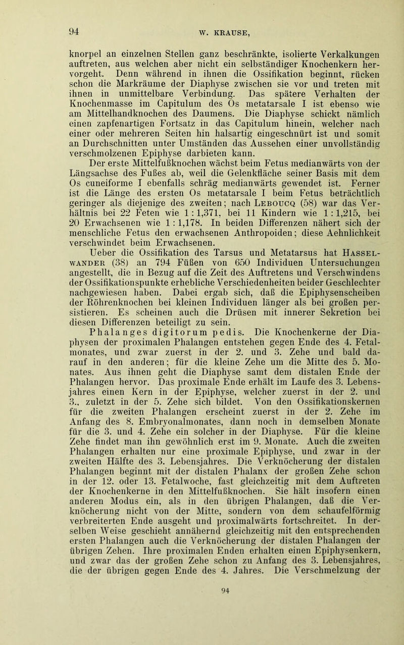 knorpel an einzelnen Stellen ganz beschränkte, isolierte Verkalkungen auftreten, aus welchen aber nicht ein selbständiger Knochenkern her- vorgeht. Denn während in ihnen die Ossifikation beginnt, rücken schon die Markräume der Diaphyse zwischen sie vor und treten mit ihnen in unmittelbare Verbindung. Das spätere Verhalten der Knochenmasse im Capitulum des Os metatarsale I ist ebenso wie am Mittelhandknochen des Daumens. Die Diaphyse schickt nämlich einen zapfenartigen Fortsatz in das Capitulum hinein, welcher nach einer oder mehreren Seiten hin halsartig eingeschnürt ist und somit an Durchschnitten unter Umständen das Aussehen einer unvollständig verschmolzenen Epiphyse darbieten kann. Der erste Mittelfußknochen wächst beim Fetus medianwärts von der Längsachse des Fußes ab, weil die Gelenkfläche seiner Basis mit dem Os cuneiforme I ebenfalls schräg medianwärts gewendet ist. Ferner ist die Länge des ersten Os metatarsale I beim Fetus beträchtlich geringer als diejenige des zweiten; nach Leboucq (58) war das Ver- hältnis bei 22 Feten wie 1:1,371, bei 11 Kindern wie 1:1,215, bei 20 Erwachsenen wie 1: 1,178. In beiden Differenzen nähert sich der menschliche Fetus den erwachsenen Anthropoiden; diese Aehnlichkeit verschwindet beim Erwachsenen. Ueber die Ossifikation des Tarsus und Metatarsus hat Hassel- wander (38) an 794 Füßen von 650 Individuen Untersuchungen angestellt, die in Bezug auf die Zeit des Auftretens und Verschwindens der Ossifikationspunkte erhebliche Verschiedenheiten beider Geschlechter nachgewiesen haben. Dabei ergab sich, daß die Epiphysenscheiben der Röhrenknochen bei kleinen Individuen länger als bei großen per- sistieren. Es scheinen auch die Drüsen mit innerer Sekretion bei diesen Differenzen beteiligt zu sein. Phalanges digitorum pedis. Die Knochenkerne der Dia- physen der proximalen Phalangen entstehen gegen Ende des 4. Fetal- monates, und zwar zuerst in der 2. und 3. Zehe und bald da- rauf in den anderen; für die kleine Zehe um die Mitte des 5. Mo- nates. Aus ihnen geht die Diaphyse samt dem distalen Ende der Phalangen hervor. Das proximale Ende erhält im Laufe des 3. Lebens- jahres einen Kern in der Epiphyse, welcher zuerst in der 2. und 3., zuletzt in der 5. Zehe sich bildet. Von den Ossifikationskernen für die zweiten Phalangen erscheint zuerst in der 2. Zehe im Anfang des 8. Embryonalmonates, dann noch in demselben Monate für die 3. und 4. Zehe ein solcher in der Diaphyse. Für die kleine Zehe findet man ihn gewöhnlich erst im 9. Monate. Auch die zweiten Phalangen erhalten nur eine proximale Epiphyse, und zwar in der zweiten Hälfte des 3. Lebensjahres. Die Verknöcherung der distalen Phalangen beginnt mit der distalen Phalanx der großen Zehe schon in der 12. oder 13. Fetalwoche, fast gleichzeitig mit dem Auftreten der Knochenkerne in den Mittelfußknochen. Sie hält insofern einen anderen Modus ein, als in den übrigen Phalangen, daß die Ver- knöcherung nicht von der Mitte, sondern von dem schaufelförmig verbreiterten Ende ausgeht und proximalwärts fortschreitet. In der- selben Weise geschieht annähernd gleichzeitig mit den entsprechenden ersten Phalangen auch die Verknöcherung der distalen Phalangen der übrigen Zehen. Ihre proximalen Enden erhalten einen Epiphysenkern, und zwar das der großen Zehe schon zu Anfang des 3. Lebensjahres, die der übrigen gegen Ende des 4. Jahres. Die Verschmelzung der 94