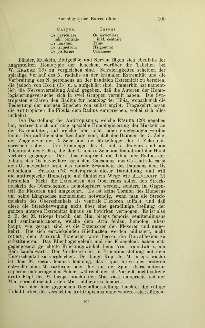 Car p us. Tarsus. Os naviculare Os naviculare Os triquetrum Os pisiforme inkl. centrale Os lunatum inkl. centrale Talus (Trigonum) Calcaneus Bänder, Muskeln, Blutgefäße und Nerven fügen sich ebenfalls der aufgestellten Homotypie der Knochen, worüber die Tabellen bei W. Krause (39) zu vergleichen sind. Schwierigkeiten scheinen der spiralige Verlauf des N. radialis an der kranialen Extremität und die Verbreitung des N. peronaeus an der kaudalen Extremität zu bereiten, die jedoch von Holl (33) u. a. aufgeklärt sind. Immerhin hat nament- lich die Nervenverteilung Anlaß gegeben, daß die Autoren der Homo- logisierungsversuche sich in zwei Gruppen verteilt haben. Die Syn- tropisten erklären den Radius für homolog der Tibia, wonach sich die Bedeutung der übrigen Knochen von selbst ergibt. Umgekehrt lassen die Antitropisten die Fibula dem Radius entsprechen, wobei sich alles umkehrt. Die Darstellung des Antitropismus, welche Eisler (20) gegeben hat, erstreckt sich auf eine spezielle Homologisierung der Muskeln an den Extremitäten, auf welche hier nicht näher eingegangen werden kann. Die auffallendsten Resultate sind, daß der Daumen der 3. Zehe, der Zeigefinger der 2. Zehe und der Mittelfinger der 1. Zehe ent- sprechen sollen. Die Homologa des 4. und 5. Fingers sind am Tibialrand des Fußes, die der 4. und 5. Zehe am Radialrand der Hand verloren gegangen. Der Ulna entspricht die Tibia, der Radius der Fibula, das Os naviculare carpi dem Calcaneus, das Os centrale carpi dem Os naviculare tarsi, das radiale Sesambein des Daumens dem Os cuboideum. Stieda (76) widerspricht dieser Darstellung und will die antitropische Homotypie auf ähnlichem Wege wie Albrecht (2) herstellen. Nicht die Extensoren des Oberarmes sollen den Streck- muskeln des Oberschenkels komologisiert werden, sondern im Gegen- teil die Flexoren und umgekehrt. Es ist keine Torsion des Humerus um seine Längsachse anzunehmen notwendig, wenn man die Streck- muskeln des Oberschenkels als ventrale Flexoren auffaßt, und daß diese die Streckbewegung nicht über eine geradlinige Stellung der ganzen unteren Extremität hinaus zu bewirken vermögen. Es ist also z. B. der M. triceps brachii den Mm. biceps femoris, semitendinosus und semimembranosus, welche dem Arm fehlen, homolog, über- haupt, wie gesagt, sind es die Extensoren den Flexoren und umge- kehrt. Die sich entwickelnden Gliedmaßen werden adduziert, nicht rotiert; dem Ausdruck Extension wäre besser die Dorsalflexion zu substituieren. Das Ellenbogengelenk und das Kniegelenk haben ent- gegengesetzt gerichtete Knickungswinkel, beim Arm kranialwärts, am Bein kaudalwärts. Der Vorderarm ist in Pronationsstellung mit dem Unterschenkel zu vergleichen. Der lange Kopf des M. biceps brachii ist dem M. rectus femoris homolog, das Caput breve des ersteren entweder dem M. sartorius oder der von der Spina iliaca anterior superior entspringenden Sehne, während der als Varietät nicht seltene dritte Kopf des M. biceps brachii den Mm. vasti entspricht und der Mm. coracobrachialis den Mm. adductores femoris. Aus der hier gegebenen Gegenüberstellung leuchtet die völlige Unhaltbarkeit des versuchten Antitropismus ohne weiteres ein; nötigen- 105