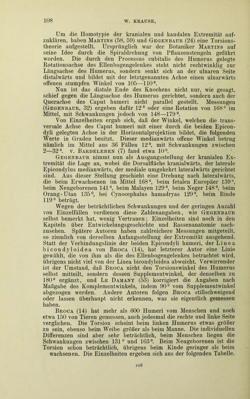 Um die Homotypie der kranialen und kaudalen Extremität auf- zuklären, haben Martins (58, 59) und Gegenbaur (24) eine Torsions- theorie aufgestellt. Ursprünglich war der Botaniker Martins auf seine Idee durch die Spiraldrehuug von Pflanzenstengeln geführt worden. Die durch den Processus cubitalis des Humerus gelegte Rotationsachse des Ellenbogengelenkes steht nicht rechtwinklig zur Längsachse des Humerus, sondern senkt sich an der ulnaren Seite distalwärts und bildet mit der letztgenannten Achse einen ulnarwärts offenen stumpfen Winkel von 105—110°. Nun ist das distale Ende des Knochens nicht nur, wie gesagt, schief gegen die Längsachse des Humerus gerichtet, sondern auch der Querachse des Caput humeri nicht parallel gestellt. Messungen (Gegenbaur, 32) ergeben dafür 12° oder eine Rotation von 168° im Mittel, mit Schwankungen jedoch von 148—179°. Von Einzelheiten ergab sich, daß der Winkel, welchen die trans- versale Achse des Caput humeri mit einer durch die beiden Epicon- dyli gelegten Achse in der Horizontalprojektion bildet, die folgenden Werte in Graden besitzt. Dieser medianwärts offene Winkel betrug nämlich im Mittel aus 36 Fällen 12°, mit Schwankungen zwischen 2—32°. v. Bardeleben (7) fand etwa 10°. Gegenbaur nimmt nun als Ausgangsstellung der kranialen Ex- tremität die Lage an, wobei die Dorsalfläche kranialwärts, der laterale Epicondylus medianwärts, der mediale umgekehrt lateralwärts gerichtet sind. Aus dieser Stellung geschieht eine Drehung nach lateralwärts, die beim Erwachsenen im Mittel 168°, beim fetalen Europäer 139°, beim Neugeborenen 141°, beim Malayen 129°, beim Neger 148°, beim Orang-Utan 135°, bei Cynocephalus hamadryas 129°, beim Rinde 119° beträgt. Wegen der beträchtlichen Schwankungen und der geringen Anzahl von Einzelfällen verdienen diese Zahlenangaben, wie Gegenbaur selbst bemerkt hat, wenig Vertrauen; Einzelheiten sind noch in den Kapiteln über Entwickelungsgeschichte und Rassenanatomie nach- zusehen. Spätere Autoren haben zahlreichere Messungen mitgeteilt, so ziemlich von derselben Anfangsstellung der Extremität ausgehend. Statt der Verbindungslinie der beiden Epicondyli humeri, der Linea bicondyloidea von Broca (14), hat letzterer Autor eine Linie gewählt, die von ihm als die des Ellenbogengelenkes betrachtet wird, übrigens nicht viel von der Linea bicondyloidea abweicht. Verwirrender ist der Umstand, daß Broca nicht den Torsionswinkel des Humerus selbst mitteilt, sondern dessen Supplementwinkel, der denselben zu 180° ergänzt, und Le Damany (53) korrigiert die Angaben nach Maßgabe des Komplementwinkels, indem 90° vom Supplementwinkel abgezogen werden. Andere Autoren folgen Broca stillschweigend oder lassen überhaupt nicht erkennen, was sie eigentlich gemessen haben. Broca (14) hat mehr als 600 Humeri vom Menschen und noch etwa 150 von Tieren gemessen, auch jedesmal die rechte und linke Seite verglichen. Die Torsion scheint beim linken Humerus etwas größer zu sein, ebenso beim Weibe größer als beim Manne. Die individuellen Differenzen sind aber sehr beträchtlich, beim Menschen liegen die Schwankungen zwischen 131° und 163°. Beim Neugeborenen ist die Torsion schon beträchtlich, übrigens beim Kinde geringer als beim wachsen en. Die Einzelheiten ergeben sich aus der folgenden Tabelle. 108
