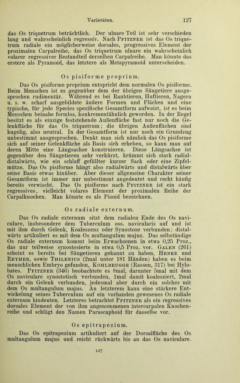 das Os triquetrum beträchtlich. Der ulnare Teil ist sehr verschieden lang und wahrscheinlich regressiv. Nach Pfitzner ist das Os trique- trum radiale ein möglicherweise dorsales, progressives Element der proximalen Carpalreihe, das Os triquetrum ulnare ein wahrscheinlich volarer regressiver Bestandteil derselben Carpalreihe. Man könnte das erstere als Pyramoid, das letztere als Metapyramoid unterscheiden. Os pisiforme proprium. Das Os pisiforme proprium entspricht dem normalen Os pisiforme. Beim Menschen ist es gegenüber dem der übrigen Säugetiere ausge- sprochen rudimentär. Während es bei Raubtieren, Huftieren, Nagern u. s. w. scharf ausgebildete äußere Formen und Flächen und eine typische, für jede Species spezifische Gesamtform aufweist, ist es beim Menschen beinahe formlos, konkrementähnlich geworden. In der Regel besitzt es als einzige feststehende Außenfläche fast nur noch die Ge- lenkfläche für das Os triquetrum; die übrigen Außenflächen sind kugelig, also neutral. In der Gesamtform ist nur noch ein Grundzug unbestimmt ausgesprochen. Denkt man sich nämlich das Os pisiforme sich auf seiner Gelenkfläche als Basis sich erheben, so kann man auf deren Mitte eine Längsachse konstruieren. Diese Längsachse ist gegenüber den Säugetieren sehr verkürzt, krümmt sich stark radial- distalwärts, wie ein schlaff gefüllter kurzer Sack oder eine Zipfel- mütze. Das Os pisiforme hängt also radialwärts und distalwärts über seine Basis etwas hinüber. Aber dieser allgemeine Charakter seiner Gesamtform ist immer nur unbestimmt an gedeutet und recht häufig bereits verwischt. Das Os pisiforme nach Pfitzner ist ein stark regressives, vielleicht volares Element der proximalen Reihe der Carpalknochen. Man könnte es als Pisoid bezeichnen. Os radiale externum. Das Os radiale externum sitzt dem radialen Ende des Os navi- culare, insbesondere dem Tuberculum oss. navicularis auf und ist mit ihm durch Gelenk, Koaleszenz oder Synostose verbunden; distal- wärts artikuliert es mit dem Os multangulum majus. Das selbständige Os radiale externum kommt beim Erwachsenen in etwa 0,25 Proz., das nur teilweise synostosierte in etwa 0,5 Proz. vor. Galen (261) scheint es bereits bei Säugetieren gekannt zu haben, Henke und Reyher, sowie Thilenius (2mal unter 181 Händen) haben es beim menschlichen Embryo gefunden, Kohlbrugge (Rassen, 317) bei Hylo- bates. Pfitzner (346) beobachtete es 8mal, darunter 5mal mit dem Os naviculare synostotisch verbunden, lmal damit koalesziert, 2mal durch ein Gelenk verbunden, jedesmal aber durch ein solches mit dem Os multangulum majus. An letzterem kann eine stärkere Ent- wickelung seines Tuberculum auf ein vorhanden gewesenes Os radiale externum hindeuten. Letzteres betrachtet Pfitzner als ein regressives dorsales Element der von ihm angenommenen intercarpalen Knochen- reihe und schlägt den Namen Parascaphoid für dasselbe vor. Os epitrapezium. Das Os epitrapezium artikuliert auf der Dorsalfläche des Os multangulum majus und reicht rückwärts bis an das Os naviculare. 127