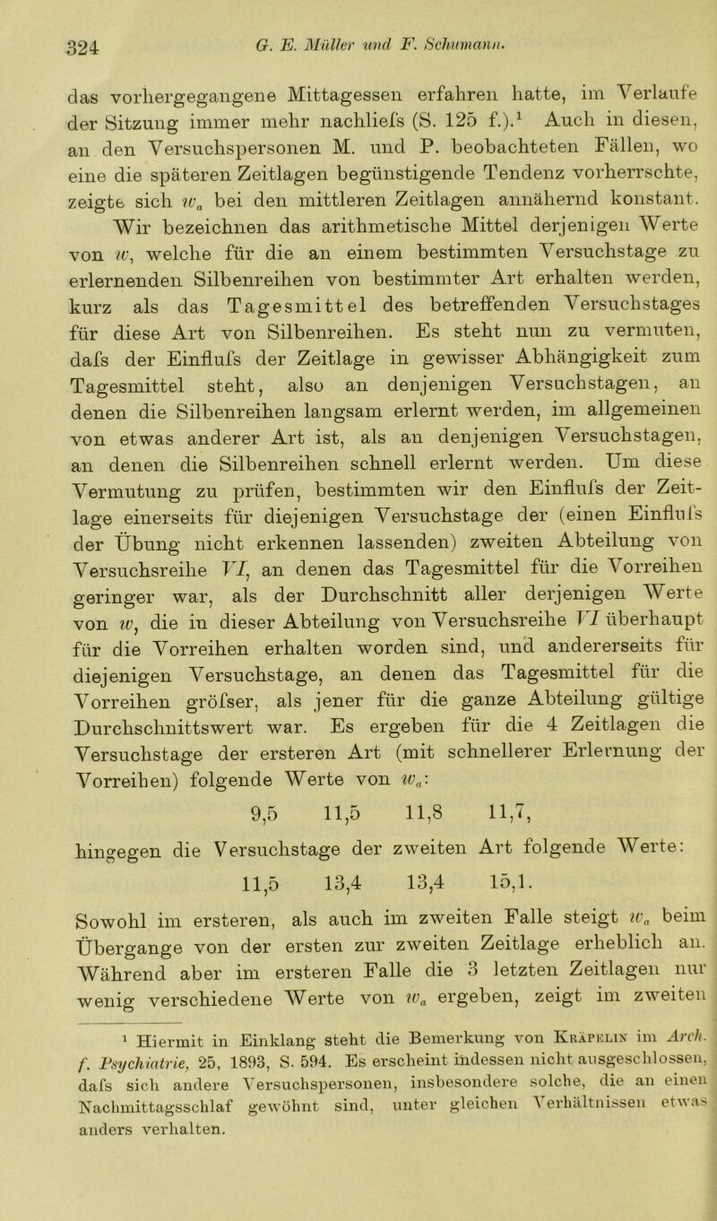 das vorliergegangene Mittagessen erfahren hatte, im Verlaufe der Sitzung immer mehr nachliefs (S. 125 f.).^ Auch in diesen, an den Versuchspersonen M. und P. beobachteten Fällen, wo eine die späteren Zeitlagen begünstigende Tendenz vorherrschte, zeigte sich bei den mittleren Zeitlagen annähernd konstant. Wir bezeichnen das arithmetische Mittel derjenigen Werte von u', welche für die an einem bestimmten Versuchstage zu erlernenden Silbenreihen von bestimmter Art erhalten werden, kurz als das Tagesmittel des betreffenden Versuchstages für diese Art von Silbenreihen. Es steht nun zu vermuten, dafs der Einflufs der Zeitlage in gewisser Abhängigkeit zum Tagesmittel steht, also an denjenigen Versuchstagen, an denen die Silbenreihen langsam erlernt werden, im allgemeinen von etwas anderer Art ist, als an denjenigen Versuchstagen, an denen die Silbenreihen schnell erlernt werden. Um diese Vermutung zu prüfen, bestimmten wir den Einflufs der Zeit- lage einerseits für diejenigen Versuchstage der (einen Einfluls der Übung nicht erkennen lassenden) zweiten Abteilung von Versuchsreihe T /, an denen das Tagesmittel für die Vorreihen geringer war, als der Durchschnitt aller derjenigen Werte von IVj die in dieser Abteilung von Versuchsreihe TT überhaupt für die Vorreihen erhalten worden sind, und andererseits für diejenigen Versuchstage, an denen das Tagesmittel für die Vorreihen gröfser, als jener für die ganze Abteilung gültige Durchschnittswert war. Es ergeben für die 4 Zeitlagen die Versuchstage der ersteren Art (mit schnellerer Erlernung der Vorreihen) folgende Werte von tVa‘ 9,5 11,5 11,8 11,7, hingegen die Versuchstage der zweiten Art folgende Werte: 11,5 13,4 13,4 15,1. Sowohl im ersteren, als auch im zweiten Falle steigt w„ beim Übergange von der ersten zur zweiten Zeitlage erheblich an. Während aber im ersteren Falle die 3 letzten Zeitlagen nur weniff verschiedene AVerte von Wa ergeben, zeigt im zweiten O 1 Hiermit in Einklang steht die Bemerkung von Kräpelin im Ärch. f. rsychiatrie, 25, 1893, S. 594. Es erscheint indessen nicht ausgeschlossen, dafs sich andere Versuchspersonen, insbesondere solche, die an einen Nachmittagsschlaf gewöhnt sind, unter gleichen 1 erhältnissen etwas anders verhalten.