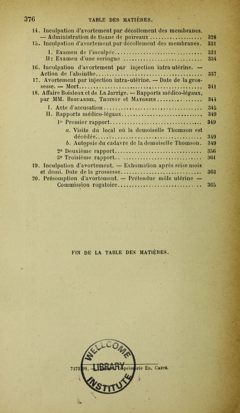 14. Inculpation d’avortement par décollement des membranes. — Administration de tisane de poireaux 328 15. Inculpation d’avortement par décollement des membranes. 331 I. Examen de l’inculpée 331 H:: Examen d’uue seringue 334 16. Inculpation d’avortement par injection intra-utérine. — Action de l’absinthe 337 17. Avortement par injection intra-utérine. — Date de la gros- sesse. — Mort 341 18. Affaire Boisleux et de La Jarrige. — Rapports médico-légaux, par MM. Brouardel, Tiioinot et Maygrier 344 I. Acte d’accusation 345 II. Rapports médico-légaux 349 1° Premier rapport 349 a. Visite du local où la demoiselle Thomson est décédée!..... 349 b. Autopsie du cadavre de la demoiselle Thomson. 349 2° Deuxième rapport 356 3° Troisième rapport.. 361 19. Inculpation d’avortement. — Exhumation après seize mois et demi. Date de la grossesse 363 20. Présomption d’avortement. — Prétendue môle utérine — Commission rogatoire 365 FfN DE LA TABLE DES MATIÈRES.