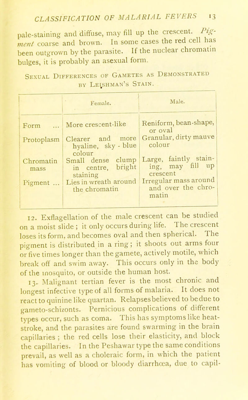 pale-staining and diffuse, may fill up the crescent. Pig- ment coarse and brown. In some cases the red cell has been outgrown by the parasite. If the nuclear chromatin bulges, it is probably an asexual form. Sexual Differences of Gametes as Demonstrated by Leishman’s Stain. Female. Male. Form More crescent-like Reniform, bean-shape, or oval Protoplasm Clearer and more Granular, dirty mauve hyaline, sky - blue colour colour Large, faintly stain- Chromatin Small dense clump mass in centre, bright ing, may fill up Pigment ... staining Lies in wreath around crescent j Irregular mass around ^ the chromatin and over the chro- matin 12. Exflagellation of the male crescent can be studied on a moist slide ; it only occurs during life. I he crescent loses its form, and becomes oval and then spherical. The pigment is distributed in a ring; it shoots out arms four or five times longer than the gamete, actively motile, which break off and swim away. This occurs only in the body of the mosquito, or outside the human host. 13. Malignant tertian fever is the most chronic and longest infective type of all forms of malaria. It does not react to quinine like quartan. Relapsesbelieved to beduc to gameto-schizonts. Pernicious complications of different types occur, such as coma. This has symptoms like heat- stroke, and the parasites are found swarming in the brain capillaries ; the red cells lose their elasticity, and block the capillaries. In the Peshawar type the same conditions prevail, as well as a choleraic form, in which the patient has vomiting of blood or bloody diarrhoea, due to capil-
