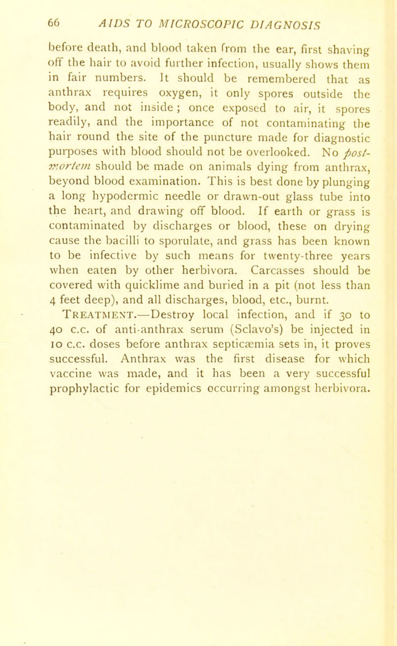 before death, and blood taken from the ear, first shaving off the hair to avoid further infection, usually shows them in fair numbers. It should be remembered that as anthrax requires oxygen, it only spores outside the body, and not inside ; once exposed to air, it spores readily, and the importance of not contaminating the hair round the site of the puncture made for diagnostic purposes with blood should not be overlooked. No post- mortem should be made on animals dying from anthrax, beyond blood examination. This is best done by plunging a long hypodermic needle or drawn-out glass tube into the heart, and drawing off blood. If earth or grass is contaminated by discharges or blood, these on drying cause the bacilli to sporulate, and grass has been known to be infective by such means for twenty-three years when eaten by other herbivora. Carcasses should be covered with quicklime and buried in a pit (not less than 4 feet deep), and all discharges, blood, etc., burnt. Treatment.—Destroy local infection, and if 30 to 40 c.c. of anti anthrax serum (Sclavo’s) be injected in 10 c.c. doses before anthrax septicaemia sets in, it proves successful. Anthrax was the first disease for which vaccine was made, and it has been a very successful prophylactic for epidemics occurring amongst herbivora.