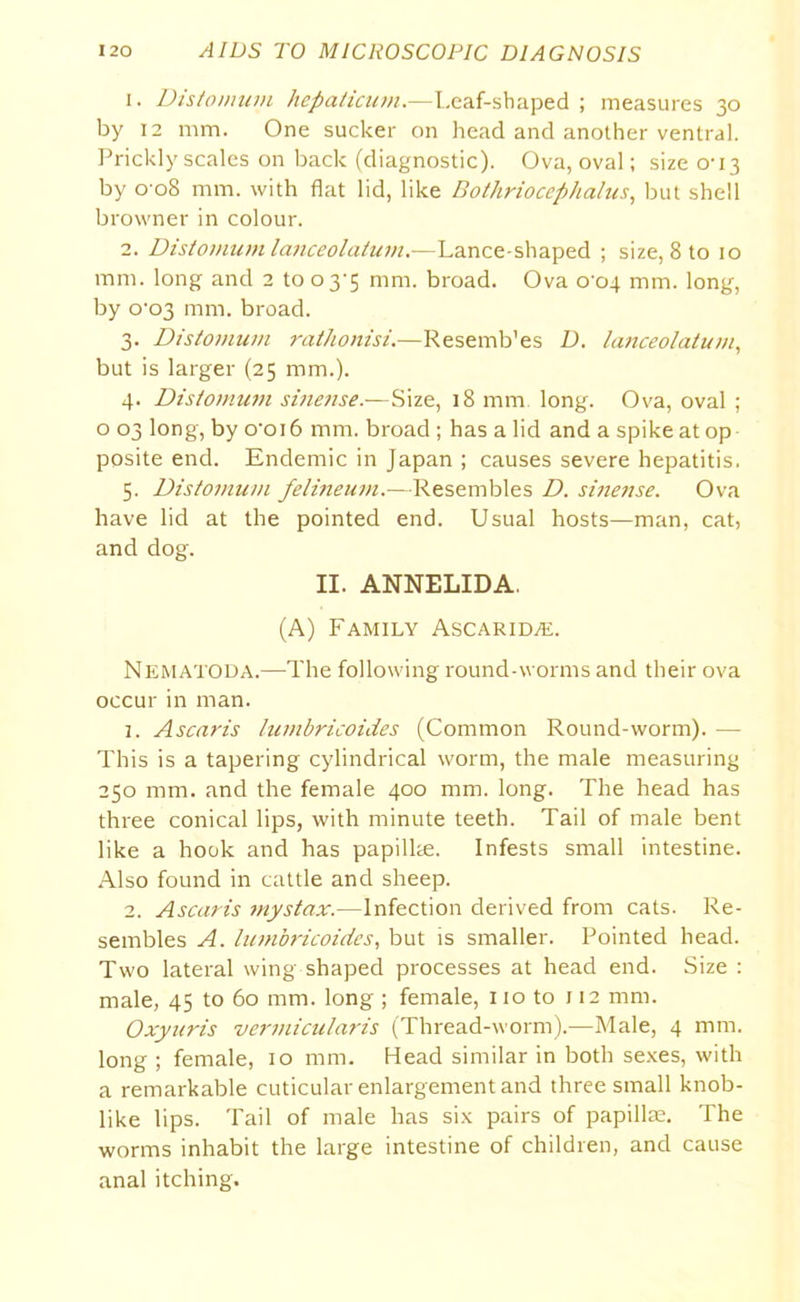 1. D is to mum hepaticum.—Leaf-shaped ; measures 30 by 12 mm. One sucker on head and another ventral. Prickly scales on back (diagnostic). Ova, oval; size 0-13 by 0 08 mm. with flat lid, like Dothriocephalus, but shell browner in colour. 2. Distomum lanceolatum.—Lance-shaped ; size, 8 to 10 mm. long and 2 to 03-5 mm. broad. Ova 0 04 mm. long, by o-o3 mm. broad. 3. Distomum rathonisi.—Resemb'es D. lanceolatum, but is larger (25 mm.). 4. Distomum sinense.—Size, 18 mm. long. Ova, oval ; o 03 long, by o'oi 6 mm. broad ; has a lid and a spike at op posite end. Endemic in Japan ; causes severe hepatitis. 5. Distomum felineum.—Resembles D. sinense. Ova have lid at the pointed end. Usual hosts—man, cat, and dog. II. ANNELIDA, (A) Family AscaridjE. Nematoda.—The following round-worms and their ova occur in man. 1. Ascaris lumbricoides (Common Round-worm). ■— This is a tapering cylindrical worm, the male measuring 250 mm. and the female 400 mm. long. The head has three conical lips, with minute teeth. Tail of male bent like a hook and has papilke. Infests small intestine. Also found in cattle and sheep. 2. Ascaris mystax.—Infection derived from cats. Re- sembles A. lumbricoides, but is smaller. Pointed head. Two lateral wing shaped processes at head end. Size : male, 45 to 60 mm. long ; female, 110 to 112 mm. Oxyuris vermicularis (Thread-worm).—Male, 4 mm. long ; female, 10 mm. Head similar in both sexes, with a remarkable cuticular enlargement and three small knob- like lips. Tail of male has six pairs of papillae. The worms inhabit the large intestine of children, and cause anal itching.