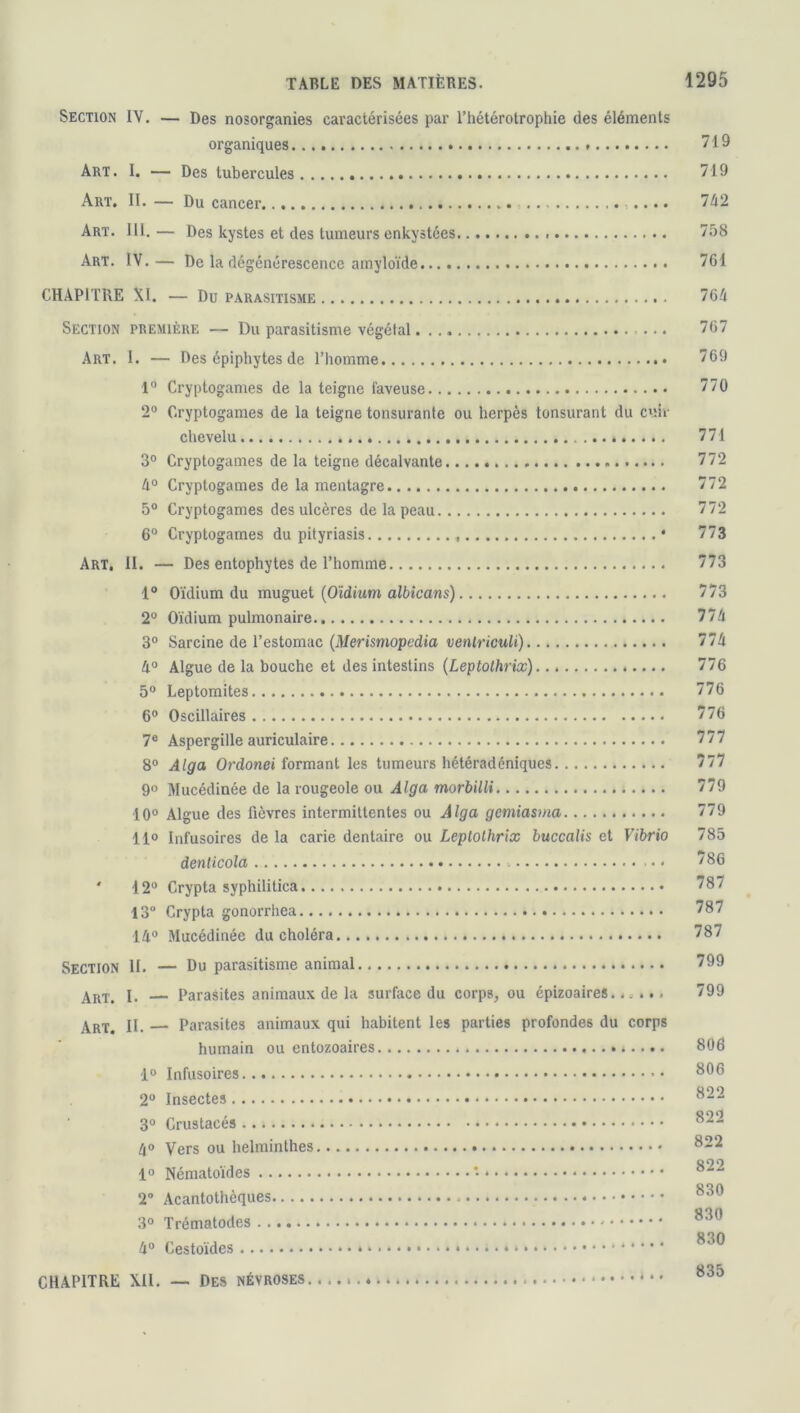 Section IV. — Des nosorganies caractérisées par l’hétérotrophie des éléments organiques 719 Art. I. — Des tubercules 719 Art. II. — Du cancer .... 742 Art. 111. — Des kystes et des tumeurs enkystées 758 Art. IV.— De la dégénérescence amyloïde 761 CHAPITRE XI. — Du parasitisme 764 Section première — Du parasitisme végétal 767 Art. I. — Des épiphytes de l’homme 769 1° Cryptogames de la teigne laveuse 770 2° Cryptogames de la teigne tonsurante ou herpès tonsurant du cuir chevelu 771 3° Cryptogames de la teigne décalvante 772 4° Cryptogames de la mentagre 772 5° Cryptogames des ulcères de la peau 772 6° Cryptogames du pityriasis • 773 Art, II. — Des entophytes de l’homme 773 1° Oïdium du muguet (Oïdium albicans) 773 2° Oïdium pulmonaire 774 3° Sarcine de l’estomac (Merismopedia ventriculi) 774 4° Algue de la bouche et des intestins (Leptothrix) 776 5° Leptomites 776 6° Oscillaires 776 7e Aspergille auriculaire 777 8° Alga Ordonei formant les tumeurs hétéradcniques 777 9° Mucédinée de la rougeole ou Alga morbilli 779 10° Algue des fièvres intermittentes ou Alga gemiasma 779 11° Infusoires de la carie dentaire ou Leptothrix buccalis et Vibrio 785 denticola • « '86 ' 12° Crypta syphilitica 787 13° Crypta gonorrhea 787 14° Mucédinée du choléra 787 Section II. — Du parasitisme animal 799 Art. I. — Parasites animaux de la surface du corps, ou épizoaires..,.., 799 n. — Parasites animaux qui habitent les parties profondes du corps humain ou entozoaires 806 1° Infusoires 806 2° Insectes « 822 3° Crustacés 822 4° Vers ou helminthes 822 1° Nématoïdes * • * 822 2° Acantothèques . 3° Trématodes 4° Cestoïdes » * ■ * CHAPITRE XII. — Des névroses,....
