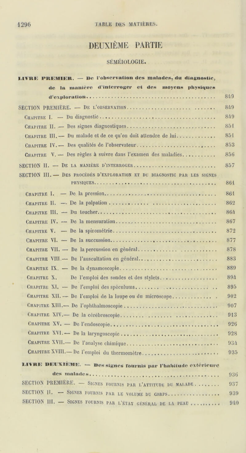 DEUXIÈME PARTIE SÉMÉIOLOGIE. I l* 85s RREilllEK. — 1><‘ l'observation des malades, du diagnostic, de la manière d’interroger et des moyens physiques d'exploration 849 SECTION PREMIÈRE. — De l’observation 849 Chapitre I. — Du diagnostic 849 Chapitre II. — Des signes diagnostiques 851 Chapitre III. — Du malade et de ce qu’on doit attendre de lui 851 Chapitre IV.— Des qualités de l’observateur 853 Chapitre V. — Des règles à suivre dans l’examen des maladies 850 SECTION II. — De la manière d’interroger 857 SECTION III.— Des procédés d’exploration et du diagnostic par les signes PHYSIQUES 861 Chapitre I. — De la pression 861 Chapitre II. — De la palpation 862 Chapitre III. — Du toucher 864 Chapitre IV. — De la mensuration 867 Chapitre V. — De la spirométrie 872 Chapitre VI. -— De la succussion 877 Chapitre VII.— De la percussion en général 878 Chapitre VIII.— De l’auscultation en général... 883 Chapitre IX. — De la dynamoscopie 889 Chapitre X. De l’emploi des sondes et des stylets. 894 Chapitre XI. — De l’emploi des spéculums 895 Chapitre XII. — De l’emploi de la loupe ou du microscope . 902 Chapitre XIII.— De l’ophthalmoscopie 907 Chapitre XIV.— De la cérébroscopie 913 Chapitre XV. — De l’endoscopie 926 Chapitre XVI.— De la laryngoscopie 928 Chapitre XVII.— De l’analyse chimique 934 Chapitre XVIII.— De l’emploi du thermomètre 935 1.1% RI. Ill l AHvtlE. •— Heü ifgnet rournis par rbnbitude extérieure des malades 936 SECTION PREMIÈRE. — Signes fournis par l’attitude du malade . ....... 937 SECTION 11. Signes fournis par le volume du corps 939 SECTION III. — Signes fournis par l’état général de la peau 940