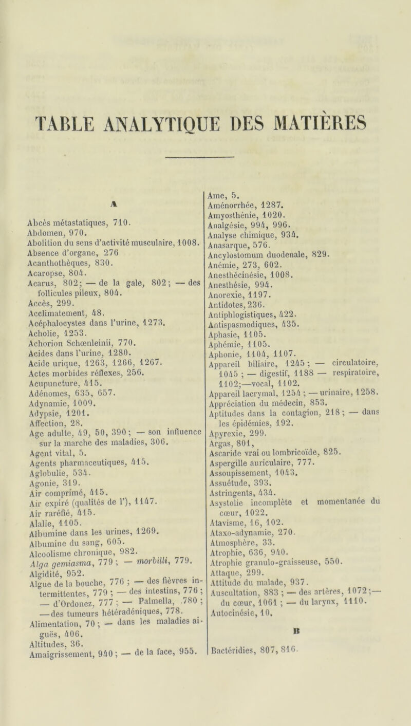 A Abcès métastatiques, 710. Abdomen, 970. Abolition du sens d’activité musculaire, 1008. Absence d’organe, 276 Acanthotlièques, 830. Acaropse, 80A. Acarus, 802; —de la gale, 802; —des follicules pileux, 804. Accès, 299. Acclimatement, 48. Acéphalocystes dans l’urine, 1273. Acholie, 1253. Achorion Schœnleinii, 770. Acides dans l’urine, 1280. Acide urique, 1263, 1266, 12G7. Actes morbides réflexes, 256. Acupuncture, 415. Adénomes, 635, 657. Adynamie, 1009. Adypsie, 1201. Affection, 28. Age adulte, 49, 50, 390; — son influence sur la marche des maladies, 306. Agent vital, 5. Agents pharmaceutiques, 415. Aglobulie, 534. Agonie, 319. Air comprimé, 415. Air expiré (qualités de 1’), 1147. Air raréfié, 415. Alalie, 1105. Albumine dans les urines, 1269. Albumine du sang, 605. Alcoolisme chronique, 982. Alga gemiasma, 779 ; — morbilli, 779. Algidité, 952. Algue de la bouche, 776 ; des fièvres ^in- termittentes, 779 ; — des intestins, 776 , — d’Ordonez, 777 ; — Palmella, .780 ; — des tumeurs hétéradéniques, 778. Alimentation, 70; — dans les maladies ai- guës, 406. Altitudes, 36. Amaigrissement, 940; — de la face, 955. Ame, 5. Aménorrhée, 1287. Amyosthénie, 1020. Analgésie, 994, 996. Analyse chimique, 934. Anasarque, 576. Ancylostomum duodenale, 829. Anémie, 273, 602. Anesthécinésie, 1008. Anesthésie, 994. Anorexie, 1197. Antidotes, 236. Antiphlogistiques, 422. Antispasmodiques, 435. Aphasie, 1105. Aphémie, 1105. Aphonie, 1104, 1107. Appareil biliaire, 1245 ; — circulatoire, 1045 ; — digestif, 1188 — respiratoire, 1102;—vocal, 1102. Appareil lacrymal, 1254 ; — urinaire, 1258. Appréciation du médecin, 853. Aptitudes dans la contagion, 218; — dans les épidémies, 192. Apyrexie, 299. Argas, 801, Ascaride vrai ou lombricoïde, 825. Aspergille auriculaire, 777. Assoupissement, 1043. Assuétude, 393. Astringents, 434. Asystolie incomplète et momentanée du cœur, 1022. Atavisme, 16, 102. Ataxo-adynamie, 270. Atmosphère, 33. Atrophie, 636, 940. Atrophie granulo-graisseuse, 550. Attaque, 299. Attitude du malade, 937. Auscultation, 883 ; — des artères, 1072;— du cœur, 1061 ; — du larynx, 1110. Autocinésie, 10. B Bactéridies, 807, 816.