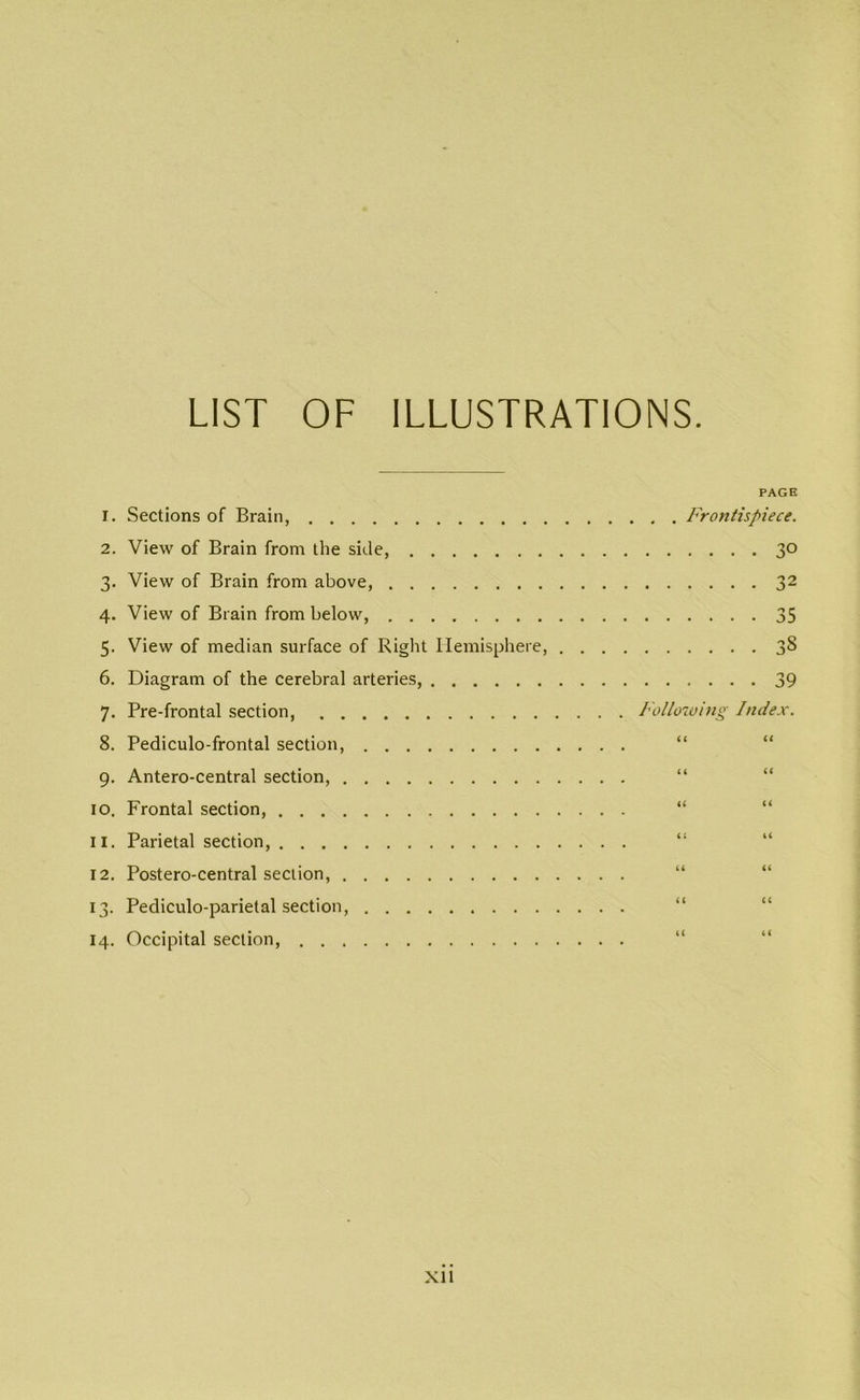 LIST OF ILLUSTRATIONS. PAGE 1. Sections of Brain, Frontispiece. 2. View of Brain from the side, 30 3. View of Brain from above, 32 4. View of Brain from below, 35 5. View of median surface of Right Hemisphere, 3S 6. Diagram of the cerebral arteries, 39 7. Pre-frontal section, Following Index. 8. Pediculo-frontal section, 9. Antero-central section, “ 10. Frontal section, “ 11. Parietal section, 12. Postero-central section, 13. Pediculo-parietal section, 14. Occipital section,