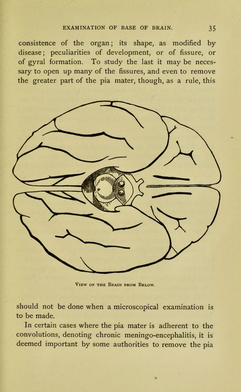 consistence of the organ; its shape, as modified by- disease; peculiarities of development, or of fissure, or of gyral formation. To study the last it may be neces- sary to open up many of the fissures, and even to remove the greater part of the pia mater, though, as a rule, this should not be done when a microscopical examination is to be made. In certain cases where the pia mater is adherent to the convolutions, denoting chronic meningo-encephalitis, it is deemed important by some authorities to remove the pia