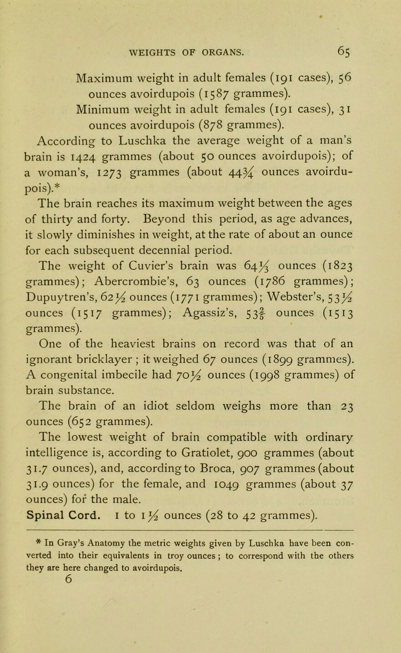 Maximum weight in adult females (191 cases), 56 ounces avoirdupois (1587 grammes). Minimum weight in adult females (191 cases), 31 ounces avoirdupois (878 grammes). According to Luschka the average weight of a man’s brain is 1424 grammes (about 50 ounces avoirdupois); of a woman’s, 1273 grammes (about 44^ ounces avoirdu- pois).* The brain reaches its maximum weight between the ages of thirty and forty. Beyond this period, as age advances, it slowly diminishes in weight, at the rate of about an ounce for each subsequent decennial period. The weight of Cuvier’s brain was 64^ ounces (1823 grammes); Abercrombie’s, 63 ounces (1786 grammes); Dupuytren’s, 62^ ounces (1771 grammes); Webster’s, 53^2 ounces (1517 grammes); Agassiz’s, 53-I ounces (1513 grammes). One of the heaviest brains on record was that of an ignorant bricklayer; it weighed 67 ounces (1899 grammes). A congenital imbecile had 70^ ounces (1998 grammes) of brain substance. The brain of an idiot seldom weighs more than 23 ounces (652 grammes). The lowest weight of brain compatible with ordinary intelligence is, according to Gratiolet, 900 grammes (about 31.7 ounces), and, according to Broca, 907 grammes (about 31.9 ounces) for the female, and 1049 grammes (about 37 ounces) for the male. Spinal Cord. I to 1^ ounces (28 to 42 grammes). * In Gray’s Anatomy the metric weights given by Luschka have been con- verted into their equivalents in troy ounces ; to correspond with the others they are here changed to avoirdupois. 6