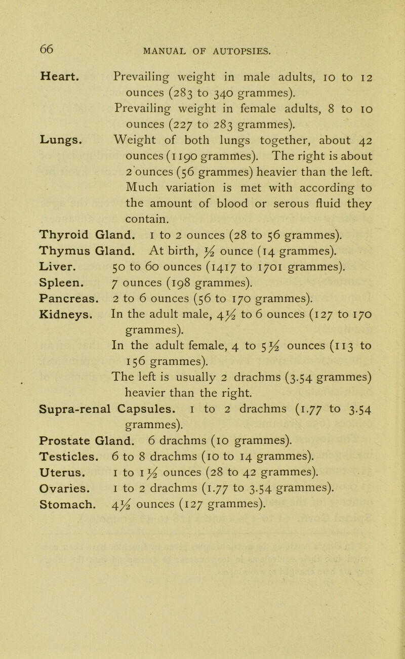 Heart. Prevailing weight in male adults, 10 to 12 ounces (283 to 340 grammes). Prevailing weight in female adults, 8 to 10 ounces (227 to 283 grammes). Lungs. Weight of both lungs together, about 42 ounces (1190 grammes). The right is about 2 ounces (56 grammes) heavier than the left. Much variation is met with according to the amount of blood or serous fluid they contain. Thyroid Gland. I to 2 ounces (28 to 56 grammes). Thymus Gland. At birth, y2 ounce (14 grammes). Liver. Spleen. Pancreas. Kidneys. 50 to 60 ounces (1417 to 1701 grammes). 7 ounces (198 grammes). 2 to 6 ounces (56 to 170 grammes). In the adult male, 4*4 to 6 ounces (127 to 170 grammes). In the adult female, 4 to 5*4 ounces (113 to 156 grammes). The left is usually 2 drachms (3.54 grammes) heavier than the right. Supra-renal Capsules. 1 to 2 drachms (1.77 to 3.54 grammes). Prostate Gland. 6 drachms (10 grammes). Testicles. Uterus. Ovaries. Stomach. 6 to 8 drachms (10 to 14 grammes). 1 to 1 y ounces (28 to 42 grammes). 1 to 2 drachms (1.77 to 3.54 grammes). 4*4 ounces (127 grammes).