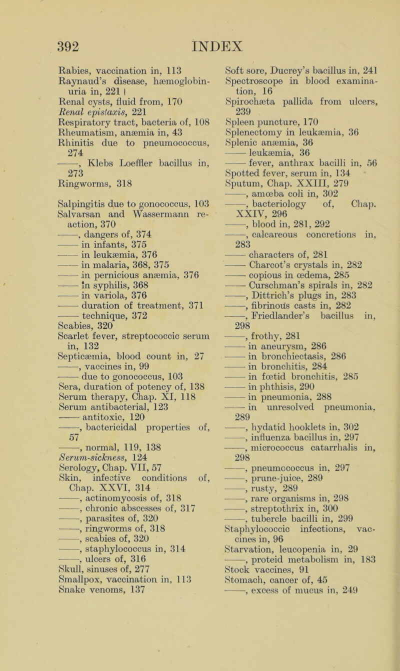 Rabies, vaccination in, 113 Raynaud’s disease, hsemoglobin- uria in, 221 I Renal cysts, fluid from, 170 Renal e'pislaxis, 221 Respiratory tract, bacteria of, 108 Rheumatism, anaemia in, 43 Rhinitis due to pneumococcus, 274 , Klebs Loeffler bacillus in, 273 Ringworms, 318 Salpingitis due to gonococcus, 103 Salvarsan and Wassermann re- action, 370 , dangers of, 374 in infants, 375 in leukaemia, 376 in malaria, 368, 375 in pernicious anaemia, 376 *n syphilis, 368 in variola, 376 duration of treatment, 371 —■—■ technique, 372 Scabies, 320 Scarlet fever, streptococcic serum in, 132 Septicaemia, blood count in, 27 , vaccines in, 99 due to gonococcus, 103 Sera, duration of potency of, 138 Serum therapy. Chap. XI, 118 Serum antibacterial, 123 antitoxic, 120 , bactericidal properties of, 57 , normal, 119, 138 Serum-sickness, 124 Serology, Chap. VII, 57 Skin, infective conditions of. Chap. XXVI, 314 , actinomycosis of, 318 , chronic abscesses of, 317 , parasites of, 320 , ringworms of, 318 , scabies of, 320 , staphylococcus in, 314 , ulcers of, 316 Skull, sinuses of, 277 Smallpox, vaccination in, 113 Snake venoms, 137 Soft sore, Ducrey’s bacillus in, 241 Spectroscope in blood examina- tion, 16 Spirochseta pallida from ulcers, 239 Spleen puncture, 170 Splenectomy in leukaemia, 36 Splenic anaemia, 36 leukaemia, 36 fever, anthrax bacilli in, 56 Spotted fever, serum in, 134 Sputum, Chap. XXIII, 279 , amoeba coli in, 302 , bacteriology of. Chap. XXIV, 296 , blood in, 281, 292 , calcareous concretions in, 283 characters of, 281 Charcot’s crystals in, 282 copious in oedema, 285 Cursclunan’s spirals in, 282 , Dittrich’s plugs in, 283 , fibrinods casts in, 282 , Friedlander’s bacillus in, 298 , frothy, 281 in aneurysm, 286 in bronchiectasis, 286 in bronchitis, 284 in foetid bronchitis, 285 in phthisis, 290 in pneumonia, 288 in unresolved pneumonia, 289 , hydatid booklets in, 302 , influenza bacillus in, 297 , micrococcus catarrhalis in, 298 , pneumococcus in, 297 -, prune-juice, 289 , rusty, 289 , rare organisms in, 298 , streptothrix in, 300 , tubercle bacilli in, 299 Staphylococcic infections, vac- cines in, 96 Starvation, leucopenia in, 29 , proteid metabolism in, 183 Stock vaccines, 91 Stomach, cancer of, 45 , excess of mucus in, 249