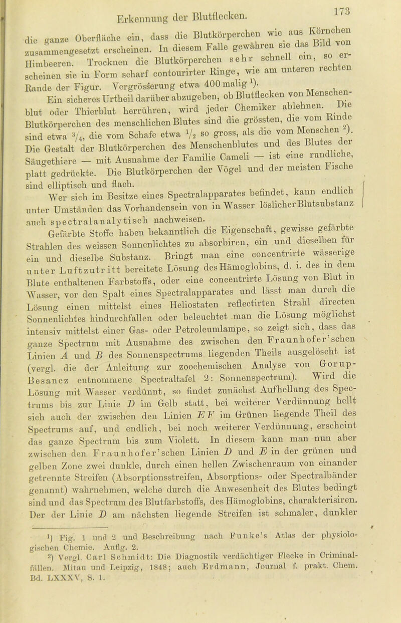 die ganze Oberfläche ein, dass die Blutkörperchen wie aus Körnchen zusammengesetzt erscheinen. In diesem Falle gewahren me ^ Bild von Himbeeren. Trocknen die Blutkörperchen sein sei ’ rfiChten scheinen sie in Form scharf contourirter Ringe, wie am unteren rechten Rande der Figur. Vergrösserung etwa 400 malig *)• , Ein sicheres Urtheü darüber abzugehen, ob Blutflecken von Mensch blut oder Thierblut herrühren, wird jeder Chemiker ablehnen. Die Blutkörperchen des menschlichen Blutes sind die grössten, die vom Rinde sind etwa »/*. die vom Schafe etwa Vs 80 gross- als die J01 Measchen Die Gestalt der Blutkörperchen des Menschenblutes und des Blutes ei Säugethiere - mit Ausnahme der Familie Cameli - ist eine rundliche, platt gedrückte. Die Blutkörperchen der Vögel und der meisten 1 wehe sind elliptisch und flach. jr •. Wer sich im Besitze eines Spectralapparates befindet, kann endlich unter Umständen das Vorhandensein von inWasser löslicher Blutsubstanz auch spectralanalytisch nachweisen. Gefärbte Stoffe haben bekanntlich die Eigenschaft, gewisse ge ar e Strahlen des weissen Sonnenlichtes zu absorbiren, ein und dieselben ur ein und dieselbe Substanz. Bringt man eine concentnrte wässerige unter Luftzutritt bereitete Lösung des Hämoglobins, d. i. des m dem Blute enthaltenen Farbstoffs, oder eine concentrirte Lösung von Blut in Wasser, vor den Spalt eines Spectralapparates und lässt man durch die Lösung einen mittelst eines Heliostaten reflectirten Strahl directen Sonnenlichtes hindurchfallen oder beleuchtet man die Lösung möglichst intensiv mittelst einer Gas- oder Petroleumlampe, so zeigt sich, dass das ganze Spectrum mit Ausnahme des zwischen den Fraunhofer scheu Linien A und B des Sonnenspectrums liegenden Theils ausgelöscht ist (vergl. die der Anleitung zur zoochemischen Analyse von Gorup- Besanez entnommene Spectraltafel 2: Sonnenspectrum). Wird die Lösung mit Wasser verdünnt, so findet zunächst Aufhellung des Spec- trums bis zur Linie D im Gelb statt, bei weiterer \erdünnung hellt sich auch der zwischen den Linien EF im Grünen liegende Theil des Spectrums auf, und endlich, bei noch weiterer Verdünnung, erscheint das ganze Spectrum bis zum Violett. In diesem kann man nun abei zwischen den Fraunhofer’sehen Linien D und E in der grünen und gelben Zone zwei dunkle, durch einen hellen Zwischenraum von einandei getrennte Streifen (Absorptionsstreifen, Absorptions- oder Spectralbänder genannt) wahrnehmen, welche durch die Anwesenheit des Blutes bedingt sind und das Spectrum des Blutfarbstoffs, des Hämoglobins, charakterisiren. Der der Linie B am nächsten liegende Streifen ist schmaler, dunkler 1) Fjg. \ Und 2 und Beschreibung nach Funke’s Atlas der physiolo- gischen Chemie. Auflg. 2. 2) Vergl. Carl Schmidt: Die Diagnostik verdächtiger Flecke in Criminal- fällen. Mitau und Leipzig, 1848; auch Erdmann, Journal f. prakt. Chem. Bd. LXXXV, S. 1.