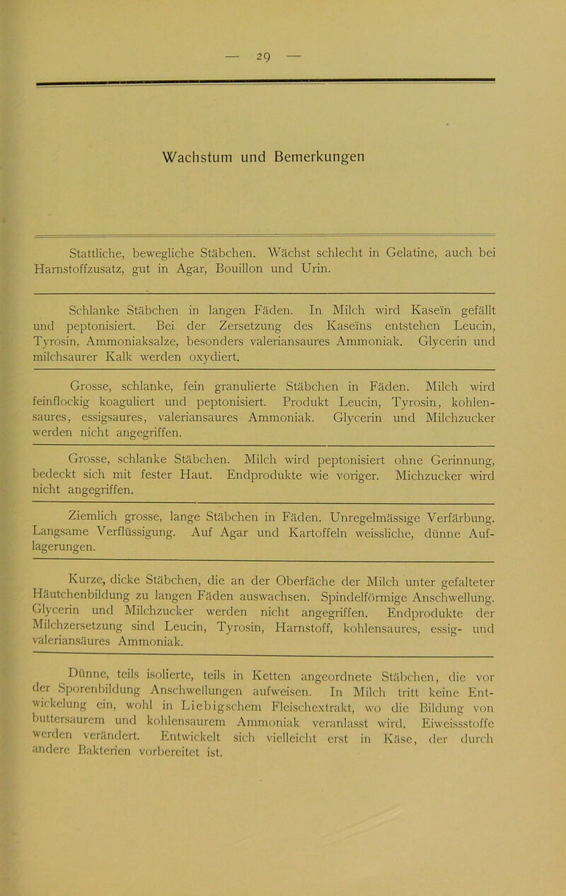 Wachstum und Bemerkungen Stattliche, bewegliche Stäbchen. Wächst schlecht in Gelatine, auch bei Hamstoffzusatz, gut in Agar, Bouillon und Urin. Schlanke Stäbchen in langen Fäden. In Milch wird Kasein gefällt und peptonisiert. Bei der Zersetzung des Kaseins entstehen Leucin, Tyrosin, Ammoniaksalze, besonders valeriansaures Ammoniak. Glycerin und milchsaurer Kalk werden oxydiert. Grosse, schlanke, fein granulierte Stäbchen in Fäden. Milch wird feinflockig koaguliert und peptonisiert. Produkt Leucin, Tyrosin, kohlen- saures, essigsaures, valeriansaures Ammoniak. Glycerin und Milchzucker werden nicht angegriffen. Grosse, schlanke Stäbchen. Milch wird peptonisiert ohne Gerinnung, bedeckt sich mit fester Haut. Endprodukte wie voriger. Michzucker wird nicht angegriffen. Ziemlich grosse, lange Stäbchen in Fäden. Unregelmässige Verfärbung. Langsame Verflüssigung. Auf Agar und Kartoffeln weissliche, dünne Auf- lagerungen. Kurze, dicke Stäbchen, die an der Oberfäche der Milch unter gefalteter Häutchenbildung zu langen Fäden auswachsen. Spindelförmige Anschwellung. Glycerin und Milchzucker werden nicht angegriffen. Endprodukte der Milchzersetzung sind Leucin, Tyrosin, Harnstoff, kohlensaurcs, essig- und valeriansäures Ammoniak. Dünne, teils isolierte, teils in Ketten angeordnete Stäbchen, die vor der Sporcnbildung Anschwellungen aufweisen. In Milch tritt keine Ent- wickelung ein, wohl in Liebigschem Flcischextrakt, wo die Bildung von biittersaurcm und kohlensaurem Ammoniak veranlasst wird. Eiweissstoffe werden verändert. Entwickelt sich vielleicht erst in Käse, der durch andere Bakterien vorbereitet ist.