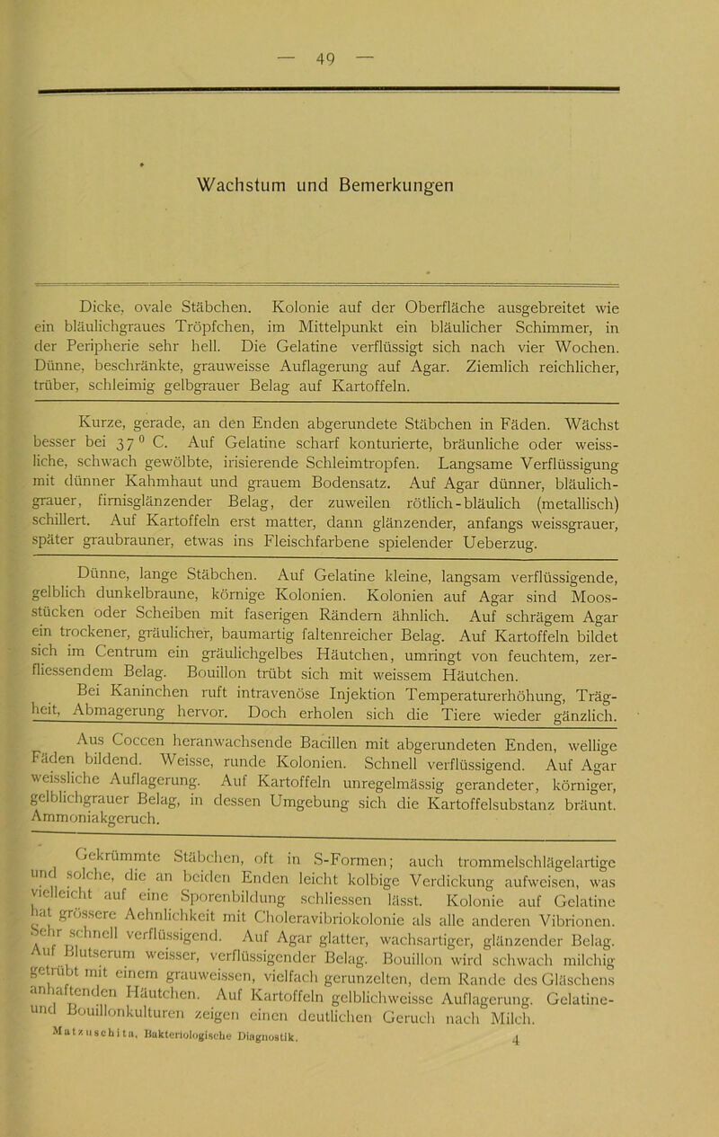 Wachstum und Bemerkungen Dicke, ovale Stäbchen. Kolonie auf der Oberfläche ausgebreitet wie ein bläulichgraues Tröpfchen, im Mittelpunkt ein bläulicher Schimmer, in der Peripherie sehr hell. Die Gelatine verflüssigt sich nach vier Wochen. Dünne, beschränkte, grauweisse Auflagerung auf Agar. Ziemlich reichlicher, trüber, schleimig gelbgrauer Belag auf Kartoffeln. Kurze, gerade, an den Enden abgerundete Stäbchen in Fäden. Wächst besser bei 3 7 ® C. Auf Gelatine scharf konturierte, bräunliche oder weiss- liche, schwach gewölbte, irisierende Schleimtropfen. Langsame Verflüssigung mit dünner Kahmhaut und grauem Bodensatz. Auf Agar dünner, bläulich- grauer, fimisglänzender Belag, der zuweilen rötlich - bläulich (metallisch) schillert. Auf Kartoffeln erst matter, dann glänzender, anfangs weissgrauer, später graubrauner, etwas ins Fleischfarbene spielender Ueberzug. Dünne, lange Stäbchen. Auf Gelatine kleine, langsam verflüssigende, gelblich dunkelbraune, körnige Kolonien. Kolonien auf Agar sind Moos- stücken oder Scheiben mit faserigen Rändern ähnlich. Auf schrägem Agar ein trockener, gräulicher, baumartig faltenreicher Belag. Auf Kartoffeln bildet sich im Centrum ein gräulichgelbes Häutchen, umringt von feuchtem, zer- fliessendem Belag. Bouillon trübt sich mit weissem Häutchen. Bei Kaninchen ruft intravenöse Injektion Temperaturerhöhung, Träg- heit, Abmagerung hervor. Doch erholen sich die Tiere wieder gänzlich. Aus Coccen heranwachsende Bacillen mit abgerundeten Enden, wellige Fäden bildend. Weisse, runde Kolonien. Schnell verflüssigend. Auf Agar weissliche Auflagerung. Auf Kartoffeln unregelmässig gerandeter, körniger, gelblichgrauer Belag, in dessen Umgebung sich die Kartoffelsubstanz bräunt. Ammoniakgeruch. Gekrümmte Stäbchen, oft in S-Formen; auch trommelschlägelartige beiden Enden leicht kolbige Verdickung aufweisen, was vielleicht auf eine Sporenbildimg schliessen lässt. Kolonie auf Gelatine hat grössere Aehnlichkeit mit Choleravibriokolonie als alle anderen Vibrionen. verflüssigend. Auf Agar glatter, wachsartiger, glänzender Belag, weisser, verflüssigender Belag. Bouillon wird schwach milchig ^ einem grauwei.ssen, vielfach gerunzelten, dem Rande des Gläschens Häutchen. Auf Kartoffeln gelblichweisse Auflagerung. Gelatine- unct Bomllonkulturen zeigen einen deutlichen Geruch nach Milch. Mutz lisch! tu. liukteiiologische Diagnostik. 4