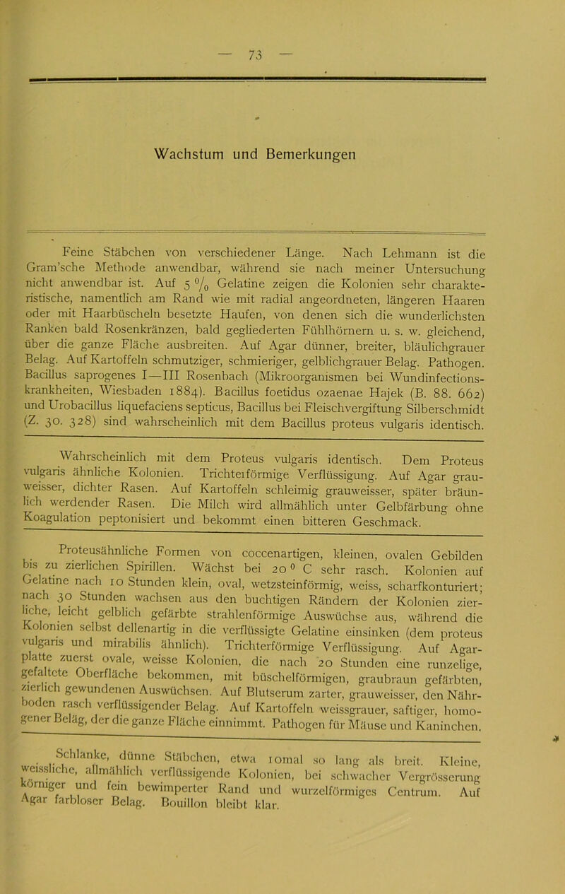 Wachstum und Bemerkungen Feine Stäbchen von verschiedener Länge. Nach Lehmann ist die Gram’sche Methode anwendbar, während sie nach meiner Untersuchung nicht anwendbar ist. Auf 5 o/q Gelatine zeigen die Kolonien sehr charakte- ristische, namentlich am Rand wie mit radial angeordneten, längeren Haaren oder mit Haarbüscheln besetzte Haufen, von denen sich die wunderlichsten Ranken bald Rosenkränzen, bald gegliederten Fühlhörnern u. s. w. gleichend, über die ganze Fläche ausbreiten. Auf Agar dünner, breiter, bläulichgrauer Belag. Auf Kartoffeln schmutziger, schmieriger, gelblichgrauer Belag. Pathogen. Bacillus saprogenes I—III Rosenbach (Mikroorganismen bei Wundinfections- krankheiten, Wiesbaden 1884). Bacillus foetidus ozaenae Hajek (B. 88. 662) und Urobacillus liquefaciens septicus, Bacillus bei Fleischvergiftung Silberschmidt (Z. 30. 328) sind wahrscheinlich mit dem Bacillus proteus vulgaris identisch. Wahrscheinlich mit dem Proteus vulgaris identisch. Dem Proteus vulgaris ähnliche Kolonien. Trichteiförmige Verflüssigung. Auf Agar grau- weisser, dichter Rasen. Auf Kartoffeln schleimig grauweisser, später bräun- lich werdender Rasen. Die Milch wird allmählich unter Gelbfärbung ohne Koagulation peptonisiert und bekommt einen bitteren Geschmack. Proteusähnliche Formen von coccenartigen, kleinen, ovalen Gebilden bis zu zierlichen Spirillen. Wächst bei 20 0 C sehr rasch. Kolonien auf jelatine nach 10 Stunden klein, oval, wetzsteinförmig, weiss, scharfkonturiert; nach 30 Stunden wachsen aus den buchtigen Rändern der Kolonien zier- liche, leicht gelblich gefärbte strahlenförmige Auswüchse aus, während die Kolonien selbst dellenartig in die verflüssigte Gelatine einsinken (dem proteus vulgans und mirabilis ähnlich). Trichterfönnige Verflüssigung. Auf Agar- plattc zuerst ovale, weisse Kolonien, die nach 20 Stunden eine runzelige, gefaltete Oberfläche bekommen, mit büschelförmigen, graubraun gefärbten, j^ierlich gewundenen Auswüchsen. Auf Blutserum zarter, grauweisser, den Nähr- boden rasch verflüssigender Belag. Auf Kartoffeln weissgrauer, saftiger, homo- geiierLeläg, der die ganze Fläche einniinmt. Pathogen für Mäuse und Kaninchen. Schlanke, dünne Stäbchen, etwa loma! so lang als breit. Klein weisshche, allmählich verflüssigende Kolonien, bei schwacher Vergrösserun ^jmiger und fein bewimperter Rand und wurzelförmigcs Centrum. Ai Agar farbloser Belag. Bouillon bleibt klar. *