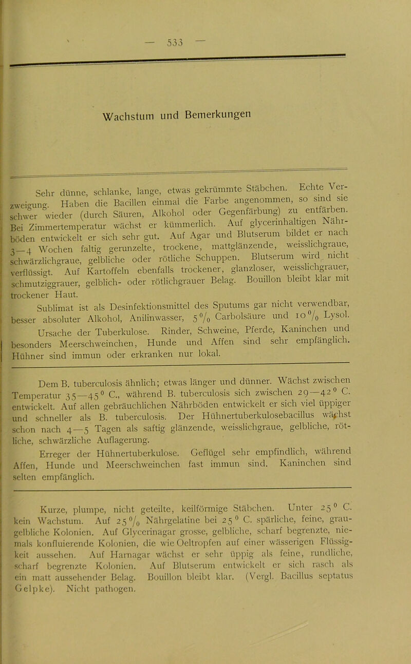 Sehr dünne, schlanke, lange, etwas gekrümmte Stäbchen. Echte Ver- zweio-ung. Haben die Bacillen einmal die Farbe angenommen, so sind sie schwer wieder (durch Säuren, Alkohol oder Gegenfärbung) zu entfärben. Bei Zimmertemperatur wächst er kümmerlich. Auf glycerinha tigen Nähr- böden entwickelt er sich sehr gut. Auf Agar und Blutserum bildet er nach 4 Wochen faltig gerunzelte, trockene, mattglänzende, weisshchgraue, schwärzlichgraue, gelbliche oder rötliche Schuppen. Blutserum wird nicht verflüssio-t. Auf Kartoffeln ebenfalls trockener, glanzloser, weisshchgrauei, schmutziggrauer, gelblich- oder rötlichgrauer Belag. Bouillon bleibt klar mit ( trockener Haut. Sublimat ist als Desinfektionsmittel des Sputums gar nicht verwendbar, ; besser absoluter Alkohol, Anilinwasser, 5O/0 Carbolsäure und 10 7o Lysol. Ursache der Tuberkulose. Rinder, Schweine, Pferde, Kaninchen und I besonders Meerschweinchen, Hunde und Affen sind sehr empfänglich. I Hühner sind immun oder erkranken nur lokal. Dem B. tuberculosis ähnlich; etwas länger und dünner. Wächst zwischen * Temperatur 35—45® C., während B. tuberculosis sich zwischen 29—42° C. I entwickelt. Auf allen gebräuchlichen Nährböden entwickelt er sich viel üppiger i: und schneller als B. tuberculosis. Der Hühnertuberkulosebacillus wächst S schon nach 4—5 Tagen als saftig glänzende, weisshchgraue, gelbliche, röt- j liehe, schwärzliche Auflagerung. Erreger der Hühnertuberkulose. Geflügel sehr empfindlich, während I Affen, Hunde und Meerschweinchen fast immun sind. Kaninchen sind I selten empfänglich. ! Kurze, plumpe, nicht geteilte, keilförmige Stäbchen. Unter 25° C. j kein Wachstum. Auf 25^/0 Nährgelatine bei 25® C. spärliche, feine, guiu- i gelbliche Kolonien. Auf Glycerinagar grosse, gelbliche, scharf begrenzte, nic- j mals konfluierende Kolonien, die wie Üeltropfen auf einer wässerigen Flüssig- keit aussehen. Auf Harnagar wächst er sehr üppig als feine, rundliche, scharf begrenzte Kolonien. Auf Blutserum entwickelt er sich rasch als ein matt amssehender J3elag. Bouillon bleibt klar. (Vcrgl. Bacillus seiüatus Gelpke). Nicht pathogen.