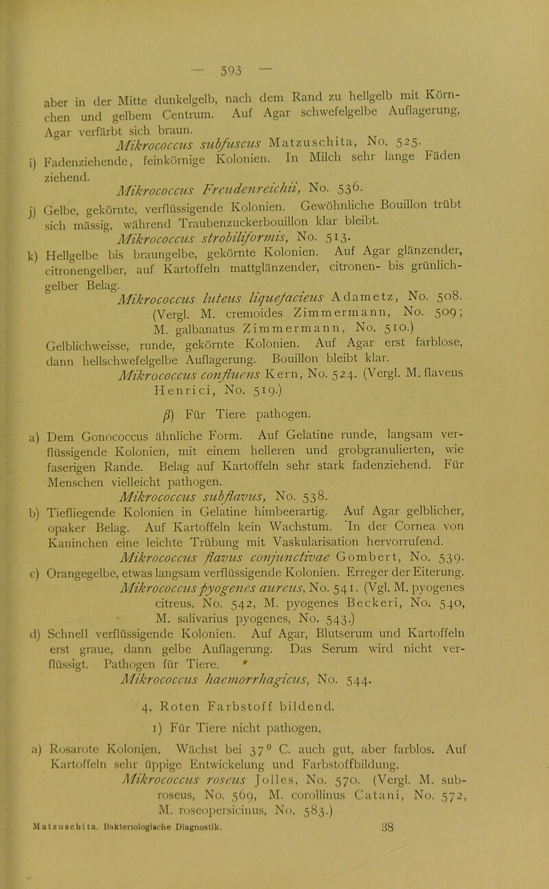 aber in der Mitte dunkelgelb, nach dem Rand zu hellgelb mit Körn- chen und gelbem Centrum. Auf Agar schwefelgelbe Auflagerung, Agar \-erfärbt sich braun. Mikrococcus snhfuscus Matzuschita, No. 525. i) Fadenziehende, feinkörnige Kolonien. In Milch sehr lange Fäden ziehend. Mikrococcus Frcudcnrcichh, No. 53Ö- j) Gelbe, gekörnte, verflüssigende Kolonien. Gewöhnliche Bouillon tiübt sich massig, während Traubenzuckerbouillon klar bleibt. Mikrococcus strobiliforniis, No. 513. k) Hellgelbe bis braungelbe, gekörnte Kolonien. Auf Agar glänzender, citronengelber, auf Kartoffeln mattglänzender, citronen- bis grünlich- gelber Belag. Mikrococcus luteiis liquefacieus Adametz, No. 508. (Vergl. M. cremoides Zimmermann, No. 509; M. galbanatus Zimmermann, No. 510.) Gelblichweisse, runde, gekörnte Kolonien. Auf Agar erst farblose, dann hellschwefelgelbe Auflagemng. Bouillon bleibt klar. Mikrococcus confluens Kern, No. 524. (Vergl. M. flaveus Flenrici, No. 519.) y5) Für Tiere pathogen. a) Dem Gonococcus ähnliche Form. Auf Gelatine runde, langsam ver- flüssigende Kolonien, mit einem helleren und grobgranulierten, wie faserigen Rande. Belag auf Kartoffeln sehr stark fadenziehend. Für Menschen vielleicht pathogen. Mikrococcus subßavus, No. 538. b) Tiefliegende Kolonien in Gelatine himbeerartig. Auf Agar gelblicher, opaker Belag. Auf Kartoffeln kein Wachstum, ln der Cornea von Kaninchen eine leichte Tilibung mit Vaskularisation hervorrufend. Ädikrococcus flavtos conjunctivae Gombert, No. 539. c) Orangegelbe, etwas langsam verflüssigende Kolonien. Erreger der Eiterung. Mikrococcus pyogenes aureus, No. 541. (Vgl. M. pyogenes citreus, No. 542, M. pyogenes Beckeri, No. 540, M. salivarius pyogenes, No. 543.) d) Schnell verflüssigende Kolonien. Auf Agar, Blutserum und Kartoffeln erst graue, dann gelbe Auflagemng. Das Serum wird nicht ver- flüssigt. Pathogen für Tiere. ' Mikrococcus haemorrhagicus, No. 544. 4. Roten Farbstoff bildend, i) Für Tiere nicht pathogen. a) Rosarote Kolonien. Wächst bei 37“ C. auch gut, aber farblos. Auf Kartoffeln sehr üppige Entwickelung und Farbstoffbildung. Mikrococcus roscus J oll es, No. 570. (Vergl. M. sub- roseus, No. 569, M. corollinus Catani, No. 572, M. rosenpersicinus, No. 583.) MatzuBcbi ta. Uiiktenologiache OmgiioBlik. 88