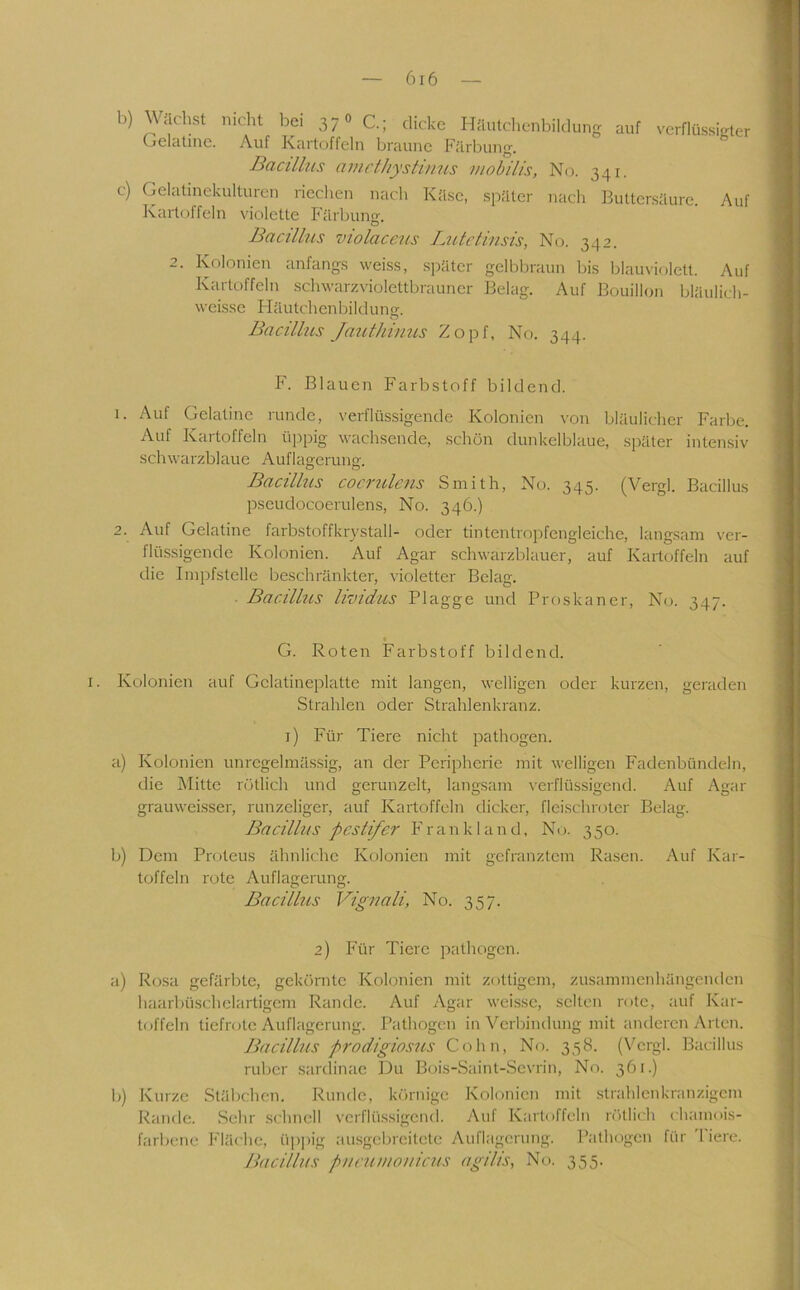 auf verflüssigter b) Wächst nicht bei 37 o Q; dicke Häutchenbildung (jelcitinc. Auf Kartoffeln braune Färbung. Bacillus amethysHuus mohilis, No. 341. c) Gelatinekulturen riechen nach Käse, später nach Buttersäure. Auf Kartoffeln violette Färbung. Bacillus violacctts lAitctinsis, No. 342. 2. Kolonien anfangs weiss, später gelbbraun bis blauviolett. Auf Kartoffeln schwarzviolettbrauner Belag. Auf Bouillon bläulich- weisse Häutchenbi 1 dung. Bacillus Jauthiims Zopf, No. 344. F. Blauen Farbstoff bildend. 1. Auf Gelatine runde, verflüssigende Kolonien von bläulicher Farbe. Auf Kartoffeln üppig wachsende, schön dunkelblaue, später intensiv schwarzblaue Auflagerung. Bacilhis coc7'tclcns Smith, No. 345. (Vergl. Bacillus pseudocoerulens, No. 346.) 2. Auf Gelatine farbstoffkrystall- oder tintentropfengleiche, langsam ver- flüssigende Kolonien. Auf Agar schwarzblauer, auf Kartoffeln auf die Impfstelle beschränkter, violetter Belag. . Bacillus lividus Plagge und Proskaner, No. 347. « G. Roten Farbstoff bildend. Kolonien auf Gelatineplatte mit langen, welligen oder kurzen, geraden Strahlen oder Strahlenkranz. i) Für Tiere nicht pathogen. a) Kolonien imregelmäs.sig, an der Peripherie mit welligen Fadenbündeln, die Mitte rötlich und gerunzelt, langsam verflüssigend. Auf Agar grauweisser, runzeliger, auf Kartoffeln dicker, fleischroter Belag. Bacillus pestifer FH-ankland, No. 350. b) Dem Proteus ähnliche Kolonien mit gefranztem Rasen. Auf Kar- toffeln rote Auflagerung. O O Bacillus Vigil all, No. 357. 2) Für Tiere pathogen. a) Rosa gefärbte, gekörnte Kolonien mit zottigem, zusammenhängenden haarbüschclartigem Rande. Auf Agar weissc, selten rote, auf Kar- toffeln tiefrote Auflagerung. Pathogen in Verbindung mit anderen Arten. Bacillus prodigiosus Cohn, No. 358. (Vergl. Bacillus ruber sardinae Du Bois-Saint-Sevrin, No. 361.) b) Kurze Stäbchen. Runde, körnige Kolonien mit strahlenkranzigem Rande. .Sehr schnell verflü.ssigend. Auf Kartoffeln rötlich chamois- farbene F'läche, üppig ausgebreitete Auflagerung. Pathogen für 'Here. Bacillus ptiniuionicus agilis, No. 355.