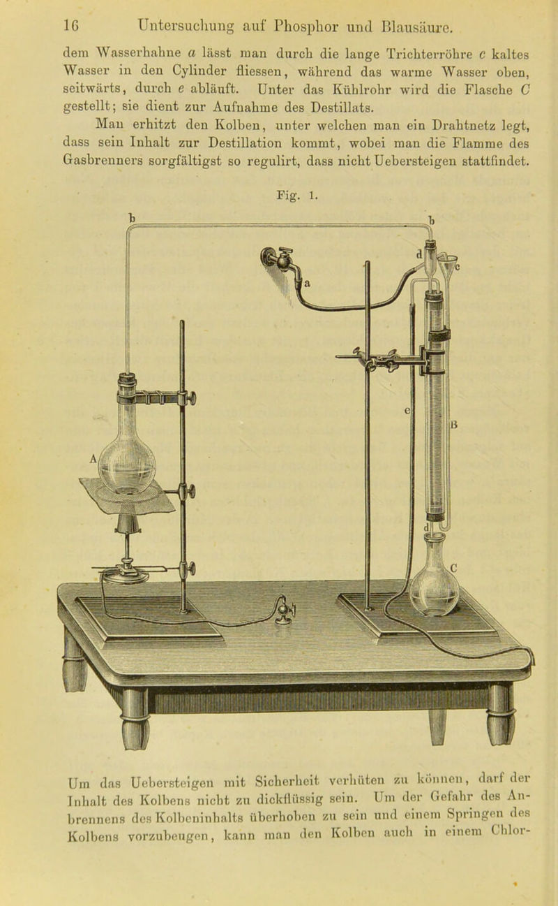 dem Wasserhahne a lässt man durch die lange Trichterröhre C kaltes Wasser in den Cylinder fliessen, während das warme Wasser oben, seitwärts, durch e abläuft. Unter das Kühlrohr wird die Flasche C gestellt; sie dient zur Aufnahme des Destillats. Man erhitzt den Kolben, unter welchen man ein Drahtnetz legt, dass sein Inhalt zur Destillation kommt, wobei man die Flamme des Gasbrennei’s sorgfältigst so regulirt, dass nicht üebersteigen stattfindet. Um das Üebersteigen mit Sicherheit verhüten zu können, darf der Inhalt des Kolbens nicht zu dickÜiissig sein. Um der Gefahr des An- hrennens des Kolheninhalts üherhohen zu sein und einem Springen des Kolbens vorzuheugen, kann man den Kolben auch in einem Cliloi-