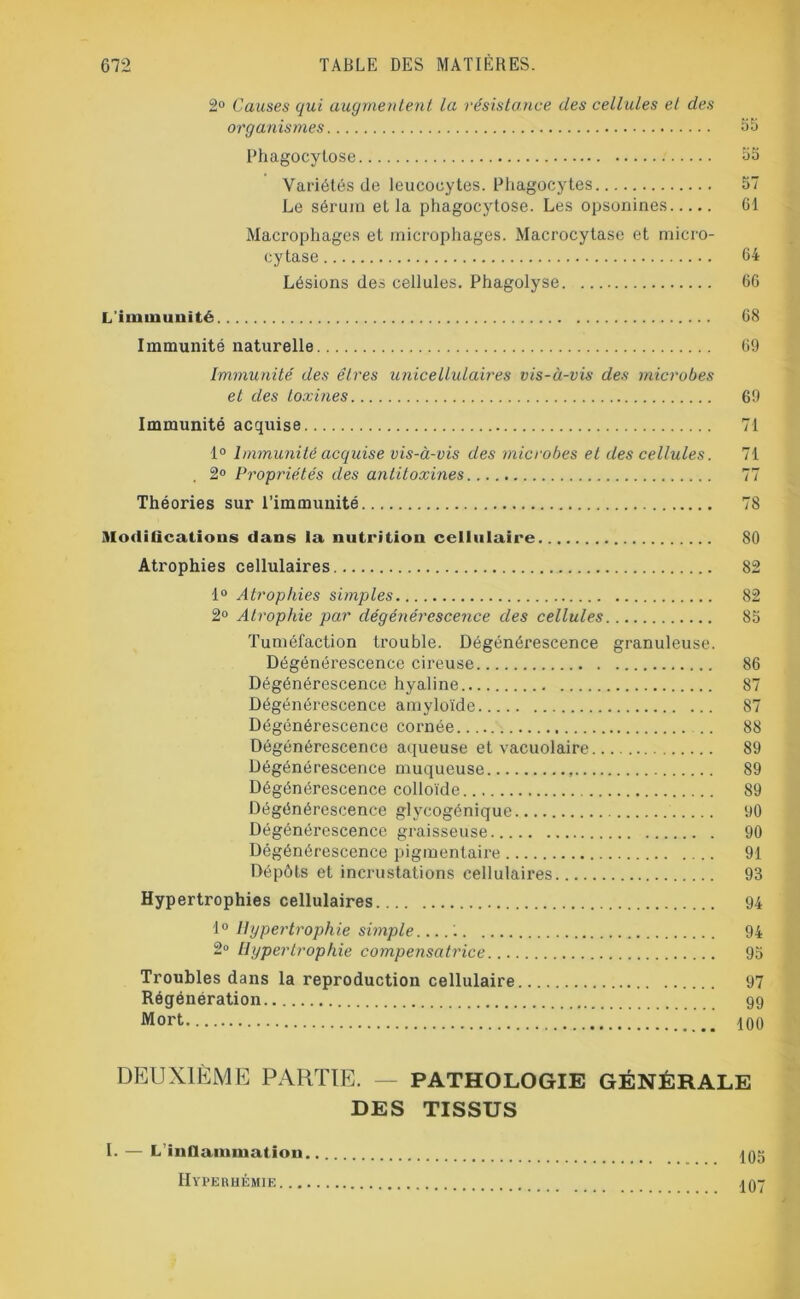 2° Causes qui augmentent la résistance des cellules et des organismes Phagocytose Variétés de leucocytes. Phagocytes Le sérum et la phagocytose. Les opsonines Macrophages et microphages. Macrocytase et micro- cytase Lésions des cellules. Phagolyse L'immunité 56 55 64 66 68 Immunité naturelle 69 Immunité des êtres unicellulaires vis-à-vis des microbes et des toxines 69 Immunité acquise 71 1° Immunité acquise vis-à-vis des microbes et des cellules. 71 2° Propriétés des antitoxines 77 Théories sur l’immunité 78 Modifications dans la nutrition cellulaire 80 Atrophies cellulaires 82 1° Atrophies simples 82 2° Atrophie par dégénérescence des cellules 85 Tuméfaction trouble. Dégénéi'escence granuleuse. Dégénérescence cireuse 86 Dégénérescence hyaline 87 Dégénérescence amyloïde 87 Dégénérescence cornée 88 Dégénérescence aqueuse et vacuolaire 89 Dégénérescence muqueuse 89 Dégénérescence colloïde 89 Dégénérescence glycogénique 90 Dégénérescence graisseuse 90 Dégénérescence pigmentaire 91 Dépôts et incrustations cellulaires 93 Hypertrophies cellulaires 94 1° Hypertrophie simple 94 2° Hypertrophie compensatrice 95 Troubles dans la reproduction cellulaire 97 Régénération qq Mort 100 DEUXIÈME PARTIE. — PATHOLOGIE GÉNÉRALE DES TISSUS I. — L’inflammation jqjj Hyperhémie... 107