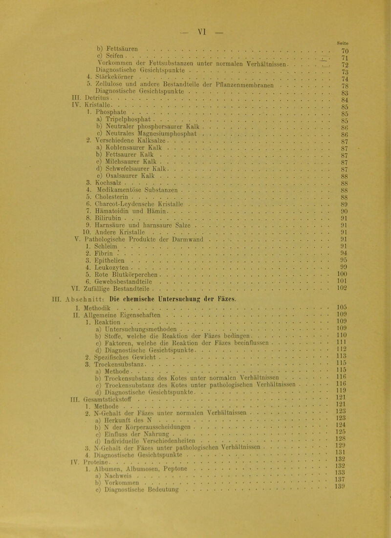 b) Fettsäuren c) Seifen Vorkommen der Fettsiibstanzen unter normalen Verhältnissen ~ Diagnostische Oesichtspunkie 4. Stärkckörncr 5. Zellulose und andere Bestandteile der Fflanzenmembranen Diagnostische Gesichtspunkte III. Detritus IV. Kristalle . . . . 1. Phosphate a) Tripelphosphat b) Neutraler phosphorsaurer Kalk c) Neutrales Magnosiumphosphat 2. Verschiedene Kalksalzc a) Kohlensaurer Kalk b) Fettsaurer Kalk c) Milchsaurer Kalk d) Schwefelsaurer Kalk e) Oxalsaurer Kalk 3. Kochsalz 4. Medikamentöse Substanzen 5. Cholesterin (i. Charcot-Lcydensche Kristalle 7. Hämatoidin und Hämin 8. Bilirubin 9. Harnsäure und harnsaurc Salze 10. Andere Kristalle V. Pathologische Produkte der Darm wand 1. Schleim 2. Fibrin 3. EpitheKen 4. Leukozyten 5. Bote Blutkörperchen 6. Gewebsbestandteilc VI. Zufällige Bestandteile III. Abschnitt; Die chemische Untersuchung der Fäzes. I. Methodik II. Allgemeine Eigenschaften 1. Reaktion a) Untersuchungsmethoden . b) Stoffe, welche die Reaktion der Fäzes bedingen c) Faktoren, welche die Reaktion der Fäzes beeinflussen d) Diagnostische Gesichtspunkte 2. Spezifisches Gewicht 3. Trockensubstanz a) Methode b) Trockensubstanz des Kotes unter normalen Verhältnissen c) Trockensubstanz des Kotes unter pathologischen Verhältnissen d) Diagnostische Ge.sichtspunktc III. Gesamtstickstoff 1. .Methode 2. N-Gehalt der Fäzes unter normalen Verhältnissen a) Herkunft dos b) N der Körperausseheidungen c) Einfluss der Nahrung (1) Individuelle Verschiedenheiten 3. N-fichalt der Fäzes unter pathologischen Verhältnissen 4. Diagnostische Gesichtspunkte fV. Proteine 1. Albumcn, Albumoscn, a) Nachweis b) Vorkommen c) Diagnostische Bedeutung Seite 70 71 72 73 74 78 83 84 85 85 85 86 86 87 87 87 87 87 88 88 88 88 81) 1)0 91 91 91 91 91 94 95 99 100 101 102 105 109 109 109 110 111 112 113 115 115 116 116 119 121 121 123 123 124 125 128 129 131 132 132 133 137 139