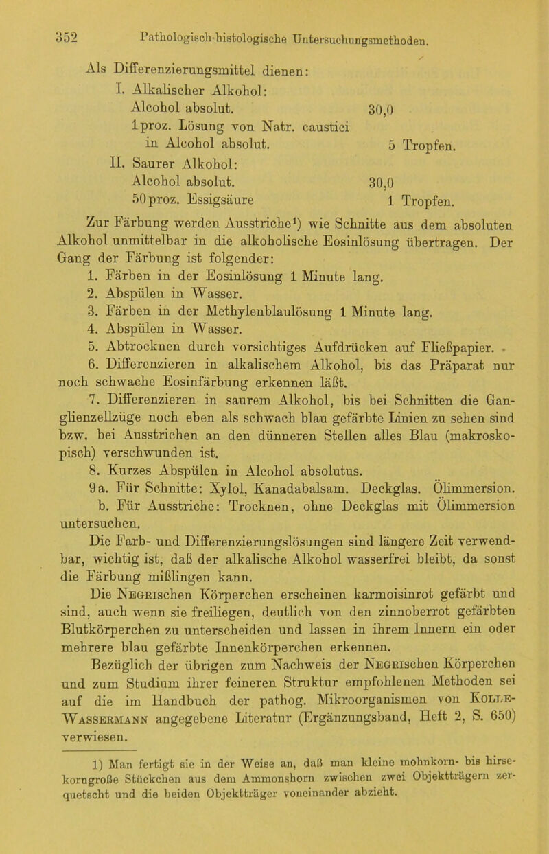 Als Differenzierungsmittel dienen: I. Alkalischer Alkohol: Alcohol absolut. 30,0 lproz. Lösung von Natr. caustici in Alcohol absolut. 5 Tropfen. II. Saurer Alkohol: Alcohol absolut. 30,0 50proz. Essigsäure 1 Tropfen. Zur Färbung werden Ausstriche1) wie Schnitte aus dem absoluten Alkohol unmittelbar in die alkoholische Eosinlösung übertragen. Der Gang der Färbung ist folgender: 1. Färben in der Eosinlösung 1 Minute lang. 2. Abspülen in Wasser. 3. Färben in der Methylenblaulösung 1 Minute lang. 4. Abspülen in Wasser. 5. Abtrocknen durch vorsichtiges Aufdrücken auf Fließpapier. 6. Differenzieren in alkalischem Alkohol, bis das Präparat nur noch schwache Eosinfärbung erkennen läßt. 7. Differenzieren in saurem Alkohol, bis bei Schnitten die Gan- glienzellzüge noch eben als schwach blau gefärbte Linien zu sehen sind bzw. bei Ausstrichen an den dünneren Stellen alles Blau (makrosko- pisch) verschwunden ist. 8. Kurzes Abspülen in Alcohol absolutus. 9a. Für Schnitte: Xylol, Kanadabalsam. Deckglas. Ölimmersion, b. Für Ausstriche: Trocknen, ohne Deckglas mit Ölimmersion untersuchen. Die Färb- und Differenzierungslösungen sind längere Zeit verwend- bar, wichtig ist, daß der alkalische Alkohol wasserfrei bleibt, da sonst die Färbung mißlingen kann. Die NEGRischen Körperchen erscheinen karmoisinrot gefärbt und sind, auch wenn sie freiliegen, deutlich von den zinnoberrot gefärbten Blutkörperchen zu unterscheiden und lassen in ihrem Innern ein oder mehrere blau gefärbte Innenkörperchen erkennen. Bezüglich der übrigen zum Nachweis der NEGRischen Körperchen und zum Studium ihrer feineren Struktur empfohlenen Methoden sei auf die im Handbuch der patliog. Mikroorganismen von Kolee- Wassermann angegebene Literatur (Ergänzungsband, Heft 2, S. 650) verwiesen. 1) Man fertigt sie in der Weise an, daß man kleine luohnkorn- bis hirse- korngroße Stückchen aus dem Ammonshorn zwischen zwei Objektträgern zer- quetscht und die beiden Objektträger voneinander abzieht.