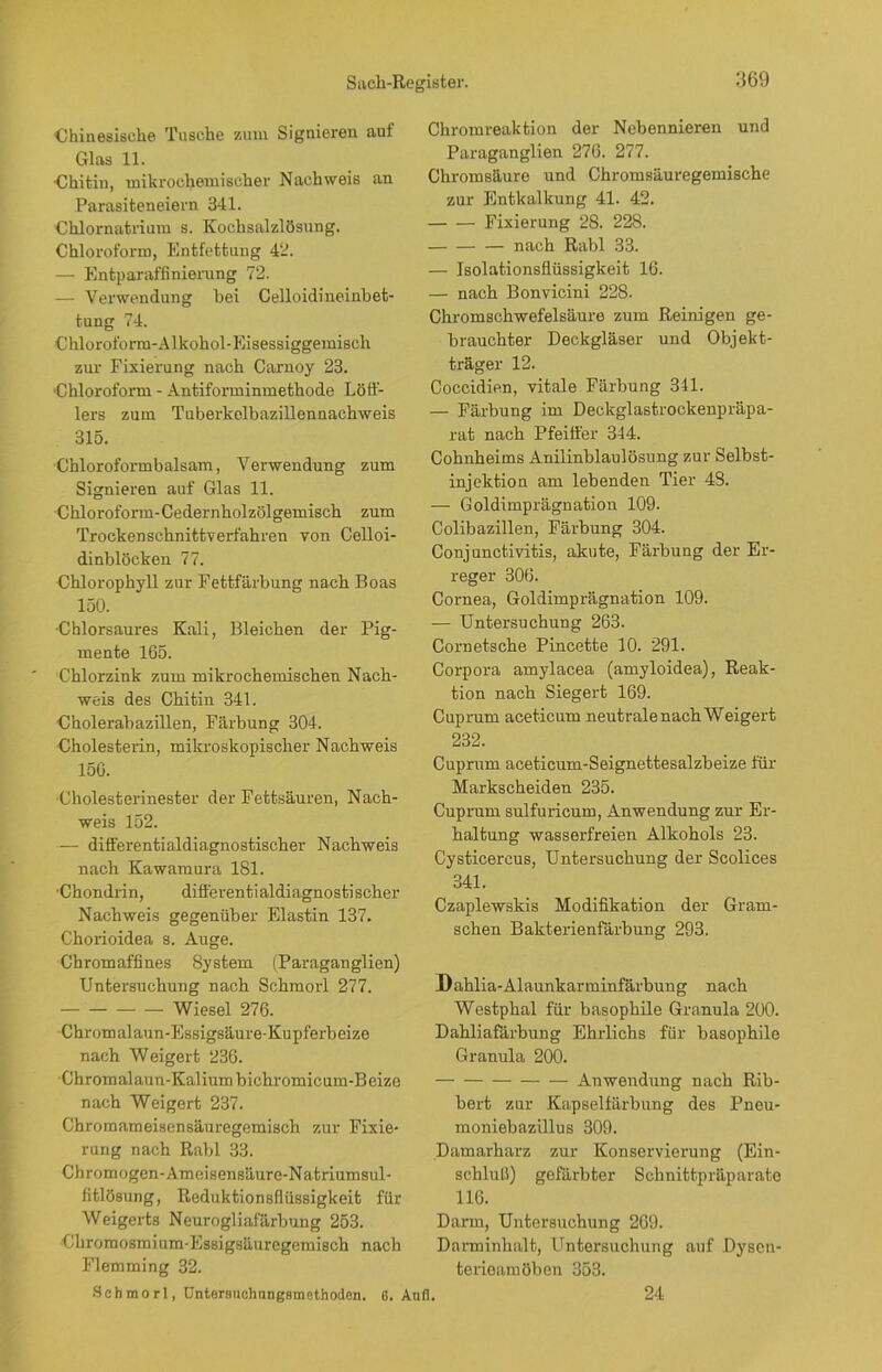 Chinesische Tusche zum Signieren auf Glas 11. Chitin, mikrochemischer Nachweis an Parasiteneiern 341. Chlornatrium s. Kochsalzlösung. Chloroform, Entfettung 42. — Entparaffinierung 72. — Verwendung bei Celloidineinbet- tung 74. Chloroforiu-Alkohol-Eisessiggemisch zur Fixierung nach Carnoy 23. Chloroform - Antiforminmethode Löff- lers zum Tuberkelbazillennachweis 315. Chloroformbalsam, Verwendung zum Signieren auf Glas 11. Chloroform-Cedernholzölgemisch zum Trockenschnittverfahren von Celloi- dinblöcken 77. Chlorophyll zur Fettfärbung nach Boas 150. ■Chlorsaures Kali, Bleichen der Pig- mente 165. Chlorzink zum mikrochemischen Nach- weis des Chitin 341. Cholerabazillen, Färbung 304. Cholesterin, mikroskopischer Nachweis 156. ■Cholesterinester der Fettsäuren, Nach- weis 152. — diüerentialdiagnostischer Nachweis nach Kawamura 181. •Chondrin, differentialdiagnostischer Nachweis gegenüber Elastin 137. Chorioidea s. Auge. Chromaffines 8ystem (Paraganglien) Untersuchung nach Schmorl 277. Wiesel 276. Chromalaun-Essigsäure-Kupferbeize nach Weigert 236. Chromalaun-Kalium bichromicum-Beizo nach Weigert 237. Chromameisensäuregemisch zur Fixie- rung nach Rabl 33. Chromogen-Ameisensäure-Natriumsul- fitlösung, Reduktionsflüssigkeit für Weigerts Neurogliafärbung 253. Chromosmium-Essigsäuregemisch nach Flemming 32. Schmorl, Untersuchangsmethoclen. 6. i Chromreaktion der Nebennieren und Paraganglien 276. 277. Chromsäure und Chromsäuregemische zur Entkalkung 41. 42. Fixierung 28. 228. — nach Rabl 33. — Isolationsflüssigkeit 16. — nach Bonvicini 228. Chromschwefelsäure zum Reinigen ge- brauchter Deckgläser und Objekt- träger 12. Coccidien, vitale Färbung 341. — Färbung im Deckglastrockenpräpa- rat nach Pfeiffer 344. Cohnheims Anilinblaulösung zur Selbst- injektion am lebenden Tier 48. — Goldimprägnation 109. Colibazillen, Färbung 304. Conjunctivitis, akute, Färbung der Er- reger 306. Cornea, Goldimprägnation 109. — Untersuchung 263. Cornetsche Pincette 10. 291. Corpora amylacea (amyloidea), Reak- tion nach Siegert 169. Cuprum aceticum neutralenachWeigert 232. Cuprum aceticum-Seignettesalzbeize für Markscheiden 235. Cuprum sulfuricum, Anwendung zur Er- haltung wasserfreien Alkohols 23. Cysticercus, Untersuchung der Scolices 341. Czaplewskis Modifikation der Gram- schen Bakterienfärbung 293. Dahlia-Alaunkarminfärbung nach Westphal für basophile Granula 200. Dahliafärbung Ehrlichs für basophile Granula 200. Anwendung nach Rib- bert zur Kapselfärbung des Pneu- moniebazillus 309. Damarharz zur Konservierung (Ein- schluß) gefärbter Schnittpräparate 116. Dann, Untersuchung 269. Darminhalt, Untersuchung auf Dysen- terieamöben 353. 24