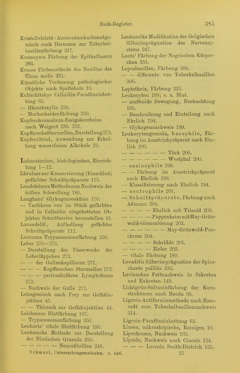 Kristall violett - Ammoniumkarbonatge- misch nach Hermann zur Tuberkel- bazillenfiirbung 317. Kromayers Färbung der Epithelfasern 283. Kruses Färbemethode des Bacillus des Ulcus molle 321. Künstliche Verdauung pathologischer Objekte nach Spalteholz 16. Kultschitzkys Celloidin-Paraffineinbet- tung 81. — Hämatoxylin 239. — Markscheidenfärbung 239. Kupferchromalaun-Essigsäurebeize nach Weigert 236. 252. KuptferscheSternzellen, Darstellung 273. Kupfervitriol, Anwendung zur Erhal- tung wasserfreien Alkohols 23. Laboratorium, histologisches, Einrich- tung 1—12. Lävulose zur Konservierung (Einschluß) gefärbter Schnittpräparate 115. Landsteiners Methode zum Nachweis der trüben Schwellung 180. Langhans’ Glykogenreaktion 170. —- Verfahren von im Stück gefärbten und in Celloidin eingebetteten Ob- jekten Schnittserien herzustellen 81. Lavendelöl, Aufhellung gefärbter Schnittpräparate 112. Laverans Trypanosomenfürbung 350. Leber 270—273. — Darstellung des Faserwerks der Leberläppchen 273. — — der Gallenkapillaren 271. Kupfi'erschen Sternzellen 273. perivaskulären Lympkräume 272. — Nachweis der Galle 271. Leimgemisch nach Frey zur Gefäßin- jektion 45. Thiersch zur Gefäßinjektion 44. Leishmans Blutfärbung 197. — Trypanosomenfärbung 350. Lenhartz’ vitale Blutfärbung 190. Lenhosseks Methode zur Darstellung der Nisslschen Granula 250. Neurofibrillen 246. Schmort, Untersnchnngsmetkoden. 6. . Lenhosseks Modifikation der Golgischen Silberimprägnation des Nervensy- stems 247. Lentz’ Färbung der Negriscben Körper- chen 351. Leprabazillen, Färbung 306. differente von Tuberkelbazillen 306. Leptothrix, Färbung 325. Leukocyten 1S9; s. a. Blut. — amöboide Bewegung, Beobachtung 189. — Beschreibung und Einteilung nach Ehrlich 194. — Glykogennachweis 189. Leukocytengranula, basophile, Fär- bung im Ausstrichpräparat nach Ehr- lich 200. Türk 200. — Westphal 200. •— eosinophile 199. — •— Färbung im Ausstrichpräparat nach Ehrlich 199. — Klassifizierung nach Ehrlich 194. — neutrophile 201. — 'Schnittpräparate, Färbung nach Aßmann 204. Ehrlich mit Triacid 203. — PappenheimmitMay-Grün- wald-Giemsalösimg 203. May-Grünwald-Pan- chrom 204. Sckridde 201. Zieler 202. — vitale Färbung 189. Levaditis Silberimprägnation der Spiro- chaete pallida 336. Levinsohns Fettnachweis in Sekreten und Exkreten 149. Lichtgrün-Safraninfärbung der Kern- strukturen nach Benda 98. Ligroin-Antiforminmethode nach Hase- rodt zum Tuberkelbazillennachweis 314. Ligroin-Paraffineinbettung 63. Linsen, mikroskopische, Reiuigen 10. Lipochrome, Nachweis 165. Lipoide, Nachweis nach Ciaccio 154. Lorrain Smith-Dietrich 155. L 25