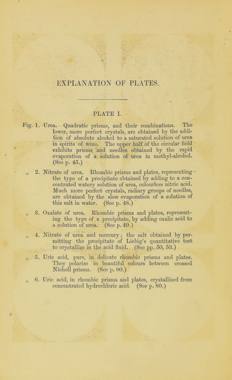 EXPLANATION OF PLATES. PLATE I. Fig. 1. Urea. Quadratic prisms, and their combinations. The lower, more perfect crystals, are obtained by the addi- tion of absolute alcohol to a saturated solution of urea in spirits of wine. The upper half of the circular field exhibits prisms and needles obtained by the rapid evaporation of a solution of urea in methyl-alcohol. (See p. 45.) „ 2. Nitrate of urea. Rhombic prisms and plates, representing * the type of a precipitate obtained by adding to a con- centrated watery solution of urea, colourless nitric acid. Much more perfect crystals, radiary groups of needles, are obtained by the slow evaporation of a solution of this salt in water. (See p. 48.) „ 3. Oxalate of urea. Rhombic prisms and plates, represent- ing the type of a precipitate, by adding oxalic acid to a solution of urea. (See p. 49.) „ 4. Nitrate of urea and mercury ; the salt obtained by per- mitting the precipitate of Liebig’s quantitative test to crystallize in the acid fluid. (See pp. 50, 53.) „ 5. Uric acid, pure, in delicate rhombic prisms and plates. They polarize in beautiful colours between crossed Nicholl prisms. (See p. 80.) „ 6. Uric acid, in rhombic prisms and plates, crystallized from concentrated hydrochloric acid. (See p. 80.)