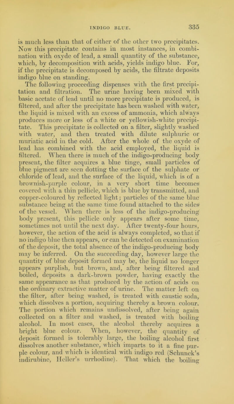 is much less than that of either of the other tAvo precipitates. Noav this precipitate contains in most instances, in combi- nation with oxyde of lead, a small quantity of the substance, Avhich, by decomposition with acids, yields indigo blue. For, if the precipitate is decomposed by acids, the filtrate deposits indigo blue on standing. The following proceeding dispenses Avith the first precipi- tation and filtration. The urine having been mixed with basic acetate of lead until no more precipitate is produced, is filtered, and after the precipitate has been Avashed Avith Avater, the liquid is mixed Avith an excess of ammonia, which always produces more or less of a Avliite or yelloAvish-white precipi- tate. This precipitate is collected on a filter, slightly washed with water, and then treated Avith dilute sulphuric or muriatic acid in the cold. After the Avhole of the oxvde of v lead has combined with the acid employed, the liquid is filtered. When there is much of the indigo-producing body present, the filter acquires a blue tinge, small particles of blue pigment are seen dotting the surface of the sulphate or chloride of lead, and the surface of the liquid, which is of a broAvnish-purple colour, in a very short time becomes covered Avith a thin pellicle, which is blue by transmitted, and copper-coloured by reflected light; particles of the same blue substance being at the same time found attached to the sides- of the vessel. When there is less of the indigo-producing body present, this pellicle only appears after some time, sometimes not until the next day. After tAventy-four hours, lioAvever, the action of the acid is ahvavs completed, so that if no indigo blue then appears, or can be detected on examination of the deposit, the total absence of the indigo-producing body may be inferred. On the succeeding day, lioAvever large the quantity of blue deposit formed may be, the liquid no longer appears purplish, but broAvn, and, after being filtered and boiled, deposits a dark-broAvn powder, having exactly the same appearance as that produced by the action of acids on the ordinary extractive matter of urine. The matter left on the filter, after being washed, is treated with caustic soda, which dissolves a portion, acquiring thereby a brown colour. The portion Avliich remains undissolved, after being again collected on a filter and washed, is treated with boiling alcohol. In most cases, the alcohol thereby acquires a bright blue colour. When, however, the quantity of deposit formed is tolerably large, the boiling alcohol* first dissolves another substance, Avliich imparts to it a fine pur- ple colour, and Avhich is identical Avith indigo red (Schunck’s indirubine, Heller’s urrhodine). That Avhich the boiling