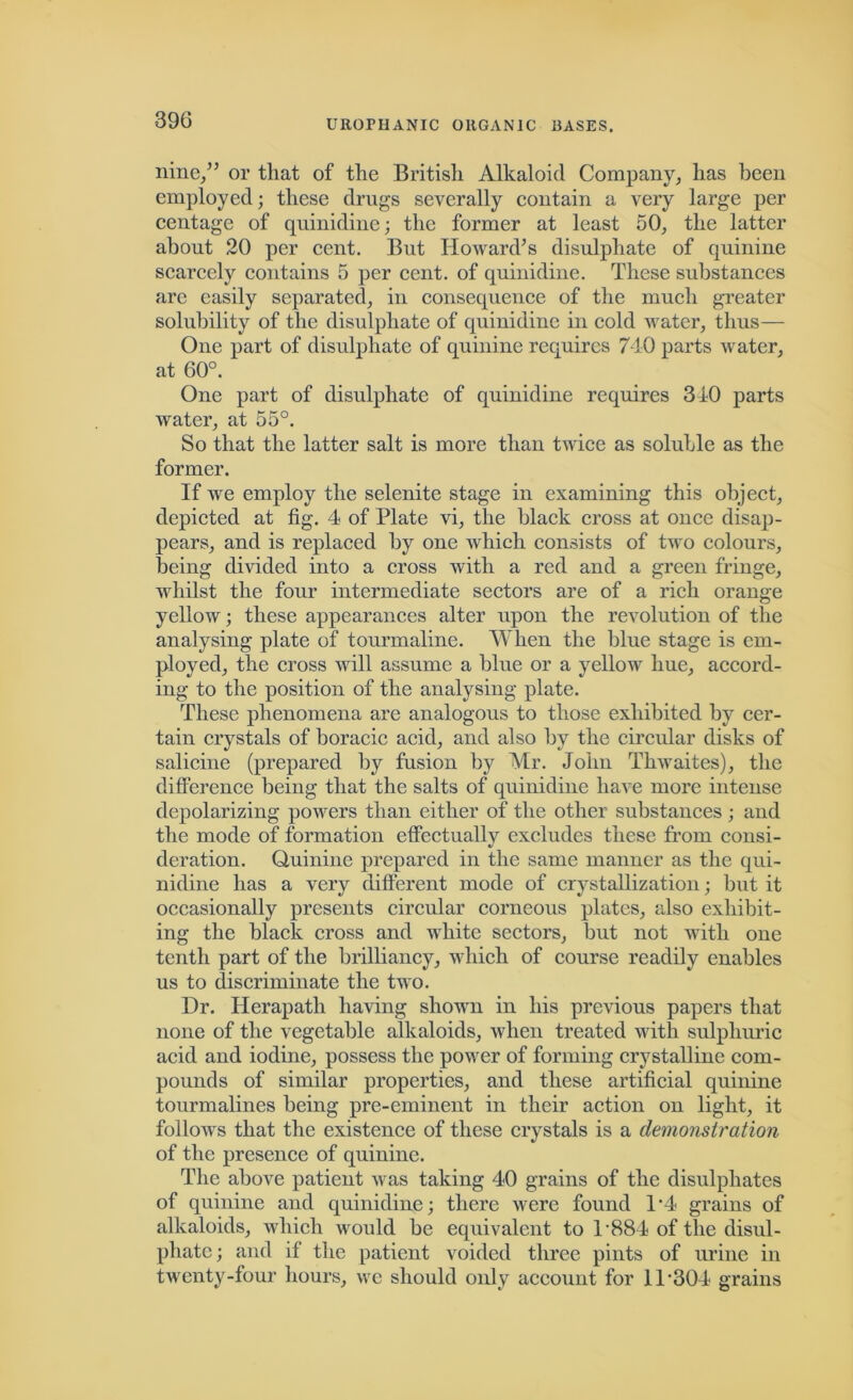 nine/5 or that of the British Alkaloid Company, has been employed; these drugs severally contain a very large per centage of quinidine; the former at least 50, the latter about 20 per cent. But Howard’s disulphate of quinine scarcely contains 5 per cent, of quinidine. These substances arc easily separated, in consequence of the much greater solubility of the disulphate of quinidine in cold water, thus— One part of disulphate of quinine requires 740 parts water, at 60°. One part of disulphate of quinidine requires 310 parts water, at 55°. So that the latter salt is more than twice as soluble as the former. If we employ the selenite stage in examining this object, depicted at fig. 4 of Plate vi, the black cross at once disap- pears, and is replaced by one which consists of two colours, being divided into a cross with a red and a green fringe, whilst the four intermediate sectors are of a rich orange yellow; these appearances alter upon the revolution of the analysing plate of tourmaline. When the blue stage is em- ployed, the cross will assume a blue or a yellow hue, accord- ing to the position of the analysing plate. These phenomena are analogous to those exhibited by cer- tain crystals of boracic acid, and also by the circular disks of salicine (prepared by fusion by Mr. John Thwaites), the difference being that the salts of quinidine have more intense depolarizing powers than either of the other substances; and the mode of formation effectually excludes these from consi- deration. Quinine prepared in the same manner as the qui- nidine has a very different mode of crystallization; hut it occasionally presents circular corneous plates, also exhibit- ing the black cross and white sectors, hut not with one tenth part of the brilliancy, which of course readily enables us to discriminate the two. Dr. Herapath having shown in his previous papers that none of the vegetable alkaloids, when treated with sulphuric acid and iodine, possess the power of forming crystalline com- pounds of similar properties, and these artificial quinine tourmalines being pre-eminent in their action on light, it follows that the existence of these crystals is a demonstration of the presence of quinine. The above patient was taking 40 grains of the disulphates of quinine and quinidine; there were found 1’4 grains of alkaloids, which would he equivalent to 1'884 of the disul- pliatc; and if the patient voided three pints of urine in twenty-four hours, we should only account for 11'304 grains