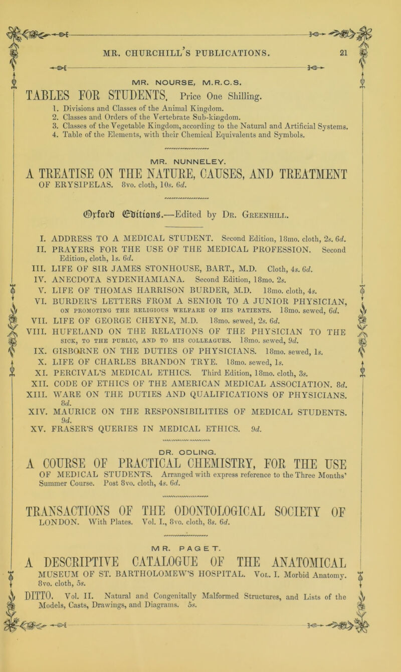 -©*- MR. NOURSE, M.R.C.S. TABLES FOE STUDENTS. Price One Shilling. 1 1. Divisions and Classes of the Animal Kingdom. 2. Classes and Orders of the Vertebrate Sub-kingdom. 3. Classes of the Vegetable Kingdom, according to the Natural and Artificial Systems. 4. Table of the Elements, with their Chemical Equivalents and Symbols. MR. NUNNELEY. A TREATISE ON THE NATURE, CAUSES, AND TREATMENT OF ERYSIPELAS. 8vo. cloth, 10s. 6d. (©jfoitJ (JnttttumS.—Edited by Dr. Greenhili,. I. ADDRESS TO A MEDICAL STUDENT. Second Edition, 18mo. cloth, 2s. Gd. II. PRAYERS FOR THE USE OF THE MEDICAL PROFESSION. Second Edition, cloth, Is. Gd. III. LIFE OF SIR JAMES STONIIOUSE, BART., M.D. Cloth, 4s. 6d. IV. ANECDOTA SYDENIIAMIANA. Second Edition, 18mo. 2s. V. LIFE OF THOMAS HARRISON BURDER, M.D. 18mo. cloth, 4s. VI. BURDER’S LETTERS FROM A SENIOR TO A JUNIOR PHYSICIAN, ON PROMOTING THE RELIGIOUS WELFARE OF HIS PATIENTS. 18mo. Sewed, 6d. VII. LIFE OF GEORGE CHEYNE, M.D. 18mo. sewed, 2s. 6d. VIII. IIUFELAND ON THE RELATIONS OF THE PHYSICIAN TO THE SICK, TO THE PUBLIC, AND TO HIS COLLEAGUES. 18mo. Sewed, 9d. IX. GISBORNE ON THE DUTIES OF PHYSICIANS. 18mo. sewed, Is. X. LIFE OF CHARLES BRANDON TRYE. l8mo. sewed, Is. XI. PERCIVAL’S MEDICAL ETHICS. Third Edition, 18mo. cloth, 3s. XII. CODE OF ETHICS OF THE AMERICAN MEDICAL ASSOCIATION. 8rf. XIII. WARE ON THE DUTIES AND QUALIFICATIONS OF PHYSICIANS. M. XIV. MAURICE ON THE RESPONSIBILITIES OF MEDICAL STUDENTS. 9d. XV. FRASER’S QUERIES IN MEDICAL ETHICS. 9d. V\\\ 1VWVVVV *.\W'VV i DR. ODLING. A COUESE OF PRACTICAL CHEMISTRY, FOR THE USE OF MEDICAL STUDENTS. Arranged with express reference to the Three Months’ Summer Course. Post 8vo. cloth, 4s. 6d. WVWVVW%MV\N\ TRANSACTIONS OF THE 0D0NT0L0GICAL SOCIETY OF LONDON. With Plates. Vol. I., 8vo. cloth, 8s. 6d. MR. PAGET. A DESCRIPTIVE CATALOGUE OF THE ANATOMICAL MUSEUM OF ST. BARTHOLOMEWS HOSPITAL. Vol. I. Morbid Anatomy. 8vo. cloth, 5s. DITTO. Vol. II. Natural and Congenitally Malformed Structures, Models, Casts, Drawings, and Diagrams. 5s. and Lists of the \ I