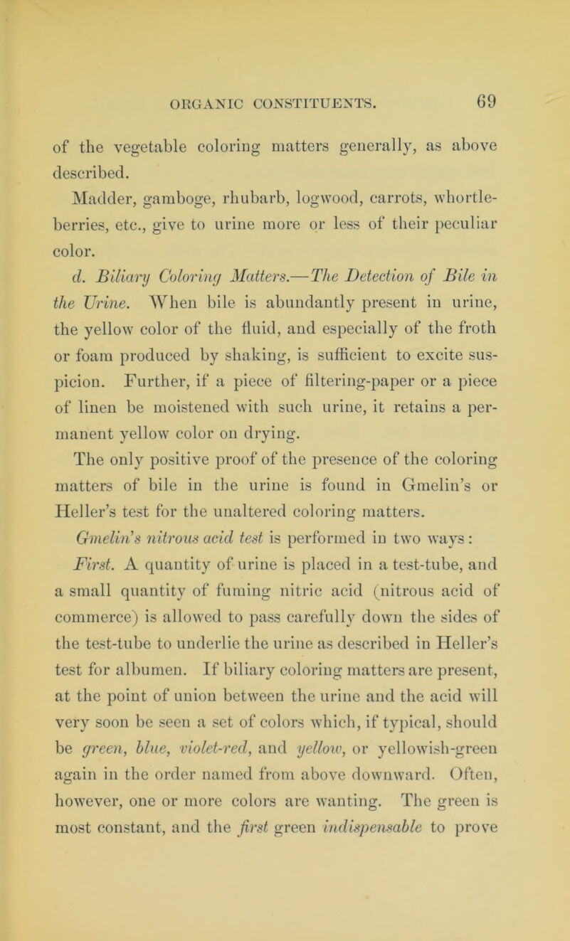 of the vegetable coloring matters generally, as above described. Madder, gamboge, rhubarb, logwood, carrots, whortle- berries, etc., give to urine more or less of their peculiar color. d. Biliary Coloring Matters.— The Detection of Bile in the Urine. When bile is abundantly present in urine, the yellow color of the fluid, and especially of the froth or foam produced by shaking, is sufficient to excite sus- picion. Further, if a piece of filtering-paper or a piece of linen be moistened with such urine, it retains a per- manent yellow color on drying. The only positive proof of the presence of the coloring matters of bile in the urine is found in Gmelin’s or Heller’s test for the unaltered coloring matters. Gmelin’s nitrous acid test is performed in two ways : First. A quantity of urine is placed in a test-tube, and a small quantity of fuming nitric acid (nitrous acid of commerce) is allowed to pass carefully down the sides of the test-tube to underlie the urine as described in Heller’s test for albumen. If biliary coloring matters are present, at the point of union between the urine and the acid will very soon be seen a set of colors which, if typical, should be green, blue, violet-red, and yellow, or yellowish-green again in the order named from above downward. Often, however, one or more colors are wanting. The green is most constant, and the first green indispensable to prove
