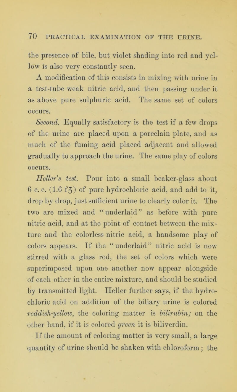 the presence of bile, but violet shading into red and yel- low is also very constantly seen. A modification of this consists in mixing with urine in a test-tube weak nitric acid, and then passing under it as above pure sulphuric acid. The same set of colors occurs. Second. Equally satisfactory is the test if a few drops of the urine are placed upon a porcelain plate, and as much of the fuming acid placed adjacent and allowed gradually to approach the urine. The same play of colors occurs. Heller's test. Pour into a small beaker-glass about 6 c. c. (1.6 f5) of pure hydrochloric acid, and add to it, drop by drop, just sufficient urine to clearly color it. The two are mixed and “underlaid” as before with pure nitric acid, and at the point of contact between the mix- ture and the colorless nitric acid, a handsome play of colors appears. If the “underlaid” nitric acid is now stirred with a glass rod, the set of colors which were superimposed upon one another now appear alongside of each other in the entire mixture, and should be studied by transmitted light. Heller further says, if the hydro- chloric acid on addition of the biliary urine is colored reddish-yellow, the coloring matter is bilirubin; on the other hand, if it is colored green it is biliverdin. If the amount of coloring matter is very small, a large quantity of urine should be shaken with chloroform ; the
