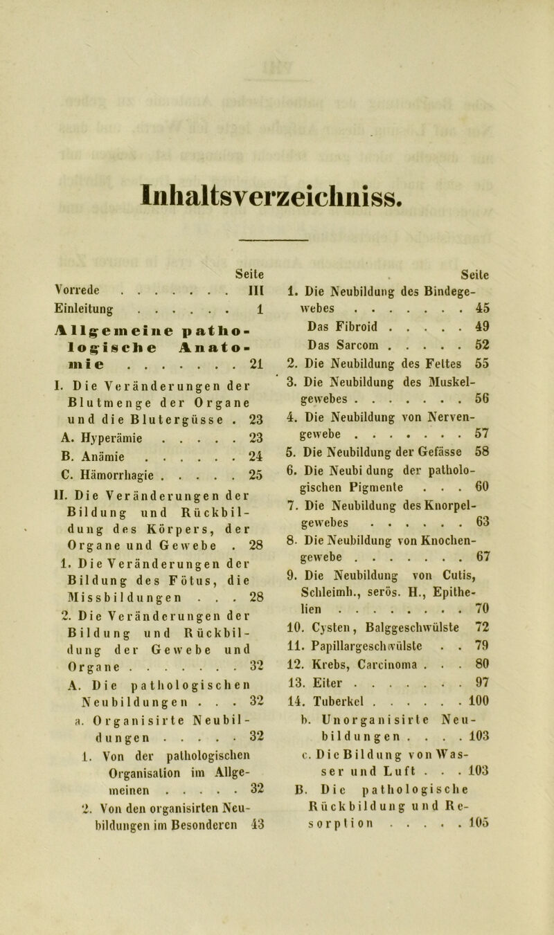 Inhaitsverzeiclmiss. Seite Vorrede III Einleitung 1 Allgemeine patho- logische Anato- mie 21 I. Die Veränderungen der Blutmenge der Organe und die Blutergüsse . 23 A. Hyperämie 23 B. Anämie 24 C. Hämorrliagie 25 II. Die Veränderungen der Bildung und Rückbil- dung des Körpers, der Organe und Gewebe . 28 1. Die Veränderungen der Bildung des Fötus, die Missbildungen . . . 28 2. Die Veränderungen der Bildung und Rückbil- dung der Gewebe und Organe 32 A. Die pathologischen Neubildungen . . . 32 a. Organisirte Neubil- dungen 32 1. Von der pathologischen Organisation im Allge- meinen 32 2. Von den organisirten Neu- bildungen im Besonderen 43 . Seite 1. Die Neubildung des Bindege- webes 45 Das Fibroid 49 Das Sarcom 52 2. Die Neubildung des Fettes 55 3. Die Neubildung des Muskel- gewebes 56 4. Die Neubildung von Nerven- gewebe 57 5. Die Neubildung der Gefässe 58 6. Die Neubi düng der patholo- gischen Pigmente ... 60 7. Die Neubildung des Knorpel- gewebes 63 8. Die Neubildung von Knochen- gewebe 67 9. Die Neubildung von Cutis, Schleim!)., serös. H., Epithe- lien 70 10. Cysten , Balggeschwülste 72 11. Papillargeschwülste . . 79 12. Krebs, Carcinoma ... 80 13. Eiter 97 14. Tuberkel 100 b. Unorganisirte Neu- bildungen. . . . 103 c. DicBildung von Was- ser und Luft . . . 103 B. Die pathologische Rückbildung und Re- sorption 105