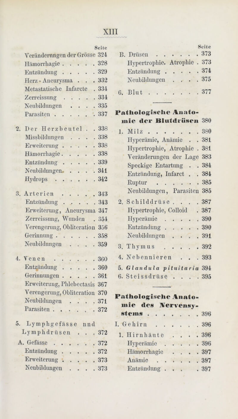 Seite Veriindernngcn der Grösse 324 Ilämorrliagie 328 Entzündung 329 Herz - Aneurysma . . . 332 Metastatischc Infarcte . 334 Zerreissung 334 Neubildungen .... 335 Parasiten 337 2. Der Herzbeutel . . 338 Missbildungen .... 338 Erweiterung 338 Hämorrhagie 338 Entzündung 339 Neubildungen 341 Hydrops 342 3. Arterien 343 Entzündung 343 Erweiterung, Aneurysma 347 Zerreissung, Wunden . 354 Verengerung, Obliteration 356 Gerinnung 358 Neubildungen .... 359 4. V e n e n 360 Entz^ündung 360 Gerinnungen 361 Erweiterung, Pblebectasis 367 Verengerung, Obliteration 370 Neubildungen .... 371 Parasiten 372 5. Lymphgefässe und Lymphdrüsen . . . 372 A. Gefässe 372 Entzündung 372 Erweiterung 373 Neubildungen .... 373 Seite B. Drüsen 373 Hypertrophie. Atrophie . 373 Entzündung 374 Neubildungen . . . .375 G. Blut 377 Patlioloj^isclie Anato- mie der Blutdrüseii 380 1. Milz 380 H}perämie, Anämie . . 381 Hypertrophie, Atrophie . 381 Veränderungen der Lage 383 Speckige Entartung . . 384 Entzündung, Infarct . . 384 Ruptur 385 Neubildungen, Parasiten 385 2. Schilddrüse . . . . 387 Hypertrophie, Colloid . 387 Hyperämie 390 Entzündung 390 Neubildungen .... 391 3. Thymus 392 4. N e b e n n i e r e 11 . . . 393 5. Glandula p ituita r ia 394 6. Steissdrüse . . . . 395 Patholog^ische Anato- mie des Aerveiisy- stems 396 I. Gehirn 396 1. Hirnhäute .... 396 Hyperämie 396 IlämoiThagie .... 397 Anämie 397 Entzündung ... . 397