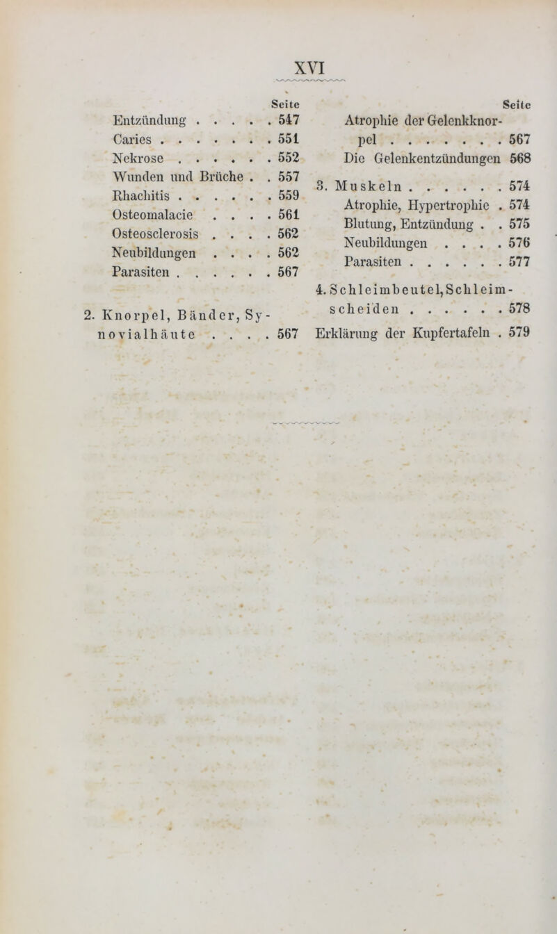 Entzündung . . . Seite . . 547 Caries Nekrose .... . . 552 Wunden und Brüche . . 557 B,hachitis .... üsteomalacie . . . . 561 Osteosclerosis . . . . 562 Neubildungen . . . . 562 Parasiten .... . . 567 Knorpel, Bänder, Sy- n 0 V i a 1 h ä u t c . . . . 567 Sehe Atrophie der Gelcnkknor- pel 567 Die Gelenkentzündungen 568 3. Muskeln 574 Atrophie, Hypertrophie . 574 Blutung, Entzündung . . 575 Neubildungen .... 576 Parasiten 577 4. Sch leimbeutel, Schleim- scheiden 578 Erklärung der Kupfertafeln . 579