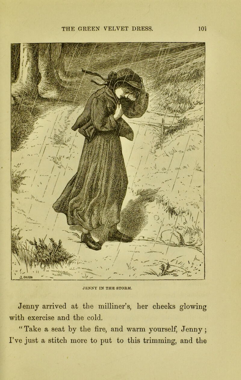 JENNY IN THE STORM. Jenny arrived at the milliner’s, her cheeks glowing with exercise and the cold. “Take a seat by the fire, and warm yourself, Jenny; I’ve just a stitch more to put to this trimming, and the