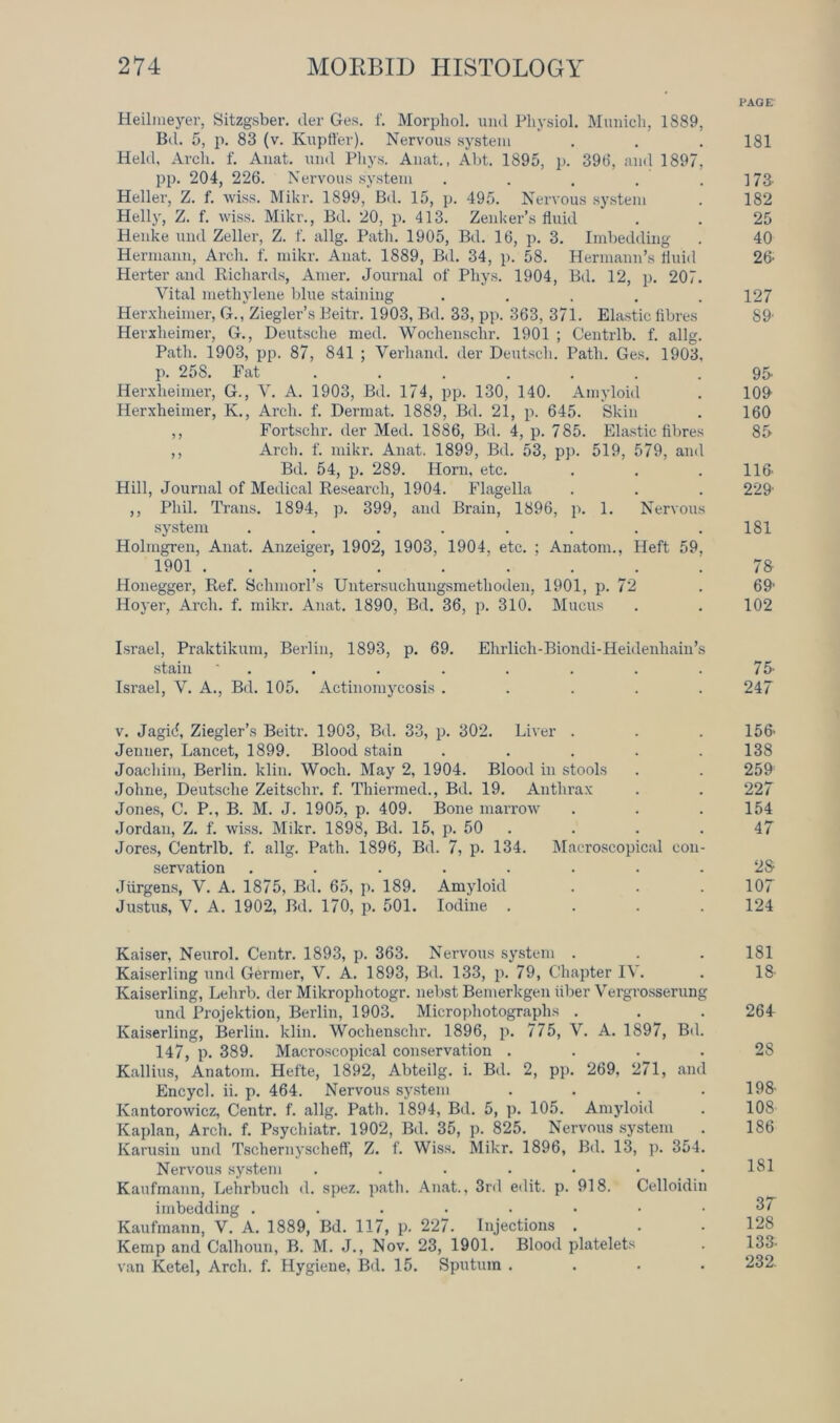 PAGE Heilmeyer, Sitzgsber. tier Ges. f. Morphol. uiul Physiol. Munich, 1889, Bd. 5, p. 83 (v. Kupffer). Nervous system . . . 181 Held, Arch. f. Anat. uml Phys. Anat., Abt. 1895, p. 396, and 1897, pp. 204, 226. Nervous system . . . . .173' Heller, Z. f. wiss. Mikr. 1899, Bd. 15, p. 495. Nervous system . 182 Helly, Z. f. wiss. Mikr., Bd. 20, p. 413. Zenker’s fluid . . 25 Henke uml Zeller, Z. f. allg. Path. 1905, Bd. 16, p. 3. Imbedding . 40 Hermann, Arch. f. mikr. Anat. 1889, Bd. 34, p. 58. Hermann’s fluid 26- Herter and Richards, Anier. Journal of Phys. 1904, Bd. 12, p. 207. Vital methylene blue staining . . . . .127 Herxheimer, G., Ziegler’s Beitr. 1903, Bd. 33, pp. 363, 371. Elastic fibres 89' Herxheimer, G., Deutsche med. Wochenschr. 1901 ; Centrlb. f. allg. Path. 1903, pp. 87, 841 ; Verhand. tier Deutscli. Path. Ges. 1903. p. 258. Fat ....... 95- Herxheimer, G., V. A. 1903, Bd. 174, pp. 130, 140. Amyloid . 100 Herxheimer, K., Arch. f. Dermat. 1889, Bd. 21, p. 645. Skin . 160 ,, Fortschr. tier Med. 1886, Bd. 4, p. 785. Elastic fibres 85 ,, Arch. f. mikr. Anat. 1899, Bd. 53, pp. 519, 579, and Btl. 54, p. 289. Horn, etc. . . .116- Hill, Journal of Medical Research, 1904. Flagella . . . 229' ,, Phil. Trans. 1894, p. 399, and Brain, 1896, p. 1. Nervous system ........ 181 Holmgren, Anat. Anzeiger, 1902, 1903, 1904, etc. ; Anatom., Heft 59, 1901 . . . ... . . : 7& Honegger, Ref. Sclimorl’s Untersuchungsmethoden, 1901, p. 72 . 69’ Hoyer, Arch. f. mikr. Anat. 1890, Bd. 36, p. 310. Mucus . . 102 Israel, Praktikum, Berlin, 1893, p. 69. Ehrlich-Biondi-Heitlenhain’s stain ' . . . . . . . .75- Israel, V. A., Btl. 105. Actinomycosis ..... 247 v. Jagic5, Ziegler’s Beitr. 1903, Bd. 33, p. 302. Liver . . . 156- Jeuner, Lancet, 1899. Blood stain ..... 138 Joachim, Berlin, klin. Wocli. May 2, 1904. Blood in stools . . 259 Johne, Deutsche Zeitschr. f. Thiermed., Btl. 19. Anthrax . . 227 Jones, C. P., B. M. J. 1905, p. 409. Bone marrow . . . 154 Jordan, Z. f. wiss. Mikr. 1898, Btl. 15, p. 50 . . . 47 Jores, Centrlb. f. allg. Path. 1896, Bd. 7, p. 134. Macroscopical con- servation ........ 28- Jurgens, V. A. 1875, Bd. 65, p. 189. Amyloid . . .107 Justus, V. A. 1902, Bd. 170, p. 501. Iodine .... 124 Kaiser, Neurol. Centr. 1893, p. 363. Nervous system . . . 181 Kaiserling und Germer, V. A. 1893, Bd. 133, p. 79, Chapter I\. . 18- Kaiserling, Lehrb. tier Mikrophotogr. nebst Bemerkgen fiber Vergrosserung und Projektion, Berlin, 1903. Microphotographs . . . 264 Kaiserling, Berlin, klin. Wochenschr. 1896, p. 775, V. A. 1897, Bd. 147, p. 389. Macroscopical conservation .... 28 Kallius, Anatom. Hefte, 1892, Abteilg. i. Bd. 2, pp. 269, 271, and Encycl. ii. p. 464. Nervous system . . . .198- Kantorowicz, Centr. f. allg. Path. 1894, Bd. 5, p. 105. Amyloid . 108 Kaplan, Arch. f. Psychiatr. 1902, Bd. 35, p. 825. Nervous system . 186 Ivarusin und Tschernyscheff, Z. f. Wiss. Mikr. 1896, Bd. 13, p. 354. Nervous system . . . . • • .181 Kaufmann, Lehrbuch d. spez. path. Anat., 3rd edit. p. 918. Celloidin imbedding . . . . . • • .3/ Kaufmann, V. A. 1889, Bd. 117, p. 227. Injections . . .128 Kemp and Calhoun, B. M. J., Nov. 23, 1901. Blood platelets . 133- van Ketel, Arch. f. Hygiene, Btl. 15. Sputum .... 232.