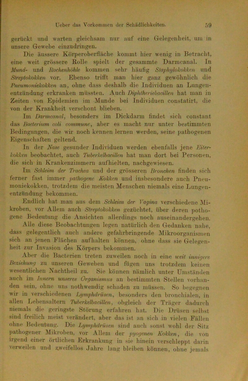 jjerückt und warten gleichsam nur auf eine Gelegenlieit, um in unsere Gewebe einzudringen. Die äussere KörperoberHäclie kommt liier wenig in Betraclit, eine weit grössere Rolle sjiielt der gesammte Darmcanal, in Mund- und Rachenhöhle kommen selii’ häutig Staphylokokken und Sirepiokokken vor. Ebenso tritit man hier ganz gewöhnlich die Rneumoniekokken an, olme dass deshalb die Individuen an Lungen- entzündung erkranken müssten. Auch Diphthericbocillen hat man in Zeiten von Epidemien im Alunde bei individuen constatirt. die von der Krankheit verschont blieben. Im Dnrmcanol, besonders im Dickdarm findet sich constant das Baderinm coli commune, aber es macht nur unter bestimmten Bedingungen, die wir noch kennen lernen werden, seine pathogenen Eigenschaften geltend. in der Nase gesunder Individuen werden ebenfalls jene FÄter- kokken beobachtet, auch Tuherkelbacillen hat man dort bei Personen, die sich in Krankenzimmern aufhielten, nachgewiesen. Im Schleim de)- T)-achea und der grösseren TRojichen hnden sicli ferner fast immer pathogene Kokken und insliesondere auch Pneu- moniekokken, trotzdem die meisten Menschen niemals eine Lungen- entzündung bekommen. Endlich hat man aus dem Schleim der Vagina verschiedene ]\Ii- kroben, vor Allem auch Streptokokken gezüchtet, über deren potlio- gene Bedeutung die Ansichten allerdings noch auseinandergehen. Alle diese Beobachtungen legen natürlich den Gedanken nahe, dass gelegentlich auch andere gefahrbringende JMikroorganismen sich an jenen Flächen aufhalten können, ohne dass sie Gelegen- heit zur Invasion des Körpers bekommen. Aber die Bacterien treten zuweilen noch in eine u-eit mnigei-e Beziehung zu unseren Geweben und fügen uns trotzdem keinen wesentlichen Nachtheil zu. Sie können nämlich unter Umständen auch im Innern unseres Organismus an bestimmten Stellen vorhan- den sein, ohne uns nothwendig schaden zu müssen. So begegnen wir in verschiedenen Lymphd)’üsen, besonders den bronchialen, in allen Lebensaltern Tuberkelbacillen, obgleich der Träger dadurch niemals die geringste Störung erfahren hat. Die Drüsen selbst sind freilich meist verändert, aber das ist an sich in vielen Fällen ohne Bedeutung. Die Lymphdrüsen sind auch sonst wohl der Sitz j>ath()gener Mikroben, vor Allem der pyogenen Kokkoi, die von irgend einer örtlichen Erkrankung in sie hinein verschleppt darin verweilen und z^weitellos Jahre lang bleiben können, ohne jemals