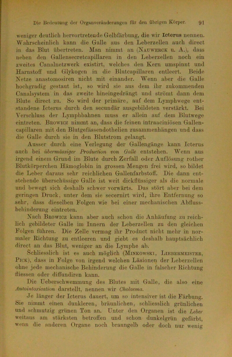 weniger deutlich hervortreteude Gelbfärbung, die wir Icterus nennen. AV^ahrscbeinlicb kann die Galle aus den Leberzellen auch direct in das Blut übertreten. Man nimmt an (Nauwekck u. A.), dass neben den Gallensecretcapillaren in den Leberzellen noch ein zweites Canalnetzwerk existirt, w^elcbes den Kern umspinnt und Harnstoff und Glykogen in die Blutcapillaren entleert. Beide Hetze anastomosiren nicht mit einander. AVenn aber die Galle hochgradig gestaut ist, so wird sie aus dem ihr zukommenden Canalsystem in das zweite hineingedrängt und strömt dann dem Blute direct zu. So wird der primäre, auf dem Lymphwege ent- standene Icterus durch den secundär ausgebildeten verstärkt. Bei A'erschluss der Lymphbahnen muss er allein auf dem Blutwege eintreten. Browicz nimmt an, dass die feinen intraaciniösen Gallen- ca])illai’en mit den Blutgefässendothelien Zusammenhängen und dass die Galle durch sie in den Blutstrom gelangt. Ausser durch eine Verlegung der Gallengänge kann Icterus auch bei übci'mässiger Prodiiction von Galle entstehen. AVenn aus irgend einem Gnind im Blute durch Zerfall oder Auflösung rother Blutkörperchen Hämoglobin in grossen Mengen frei wird, so bildet die Leber daraus sehr reichlichen Gallenfarbstoff’. Die dann ent- stehende überschüssige Galle ist w^eit dickflüssiger als die normale und bewegt sich deshalb schwer vorwärts. Das stört aber bei dem geringen Druck, unter dem sie secernirt wird, ihre Entfernung so sehr, dass dieselben Folgen wie bei einer mechanischen Abfluss- behinderung eintreten. Hach Browicz kann aber auch schon die Anhäufung zu reich- lich gebildeter Galle im Innern der Leberzellen zu den gleichen Folgen führen. Die Zelle vermag ihr Product nicht mehr in nor- maler Richtung zu entleeren und giebt es deshalb hauptsächlich direct an das Blut, weniger an die Lymphe ab. Schliesslich ist es auch möglich (Minkow'Ski, Liebermeister, Pick), dass in Folge von irgend welchen Läsionen der Leberzellen ohne jede mechanische Behinderung die Galle in falscher Richtung hiessen oder diff’undiren kann. Die Ueberschwemmung des Blutes mit Galle, die also eine Autointoxication darstellt, nennen wir Gholaema. Je länger der Icterus dauert, um so intensiver ist die Färbung. Sie nimmt einen dunkleren, bräunlichen, schliesslich grünlichen und schmutzig grünen Ton an. Unter den Organen ist die Leber w'eitaus am stärksten betroffen und schon dunkelgrün gefärbt, wenn die anderen Organe noch braungelb oder doch mm wenig