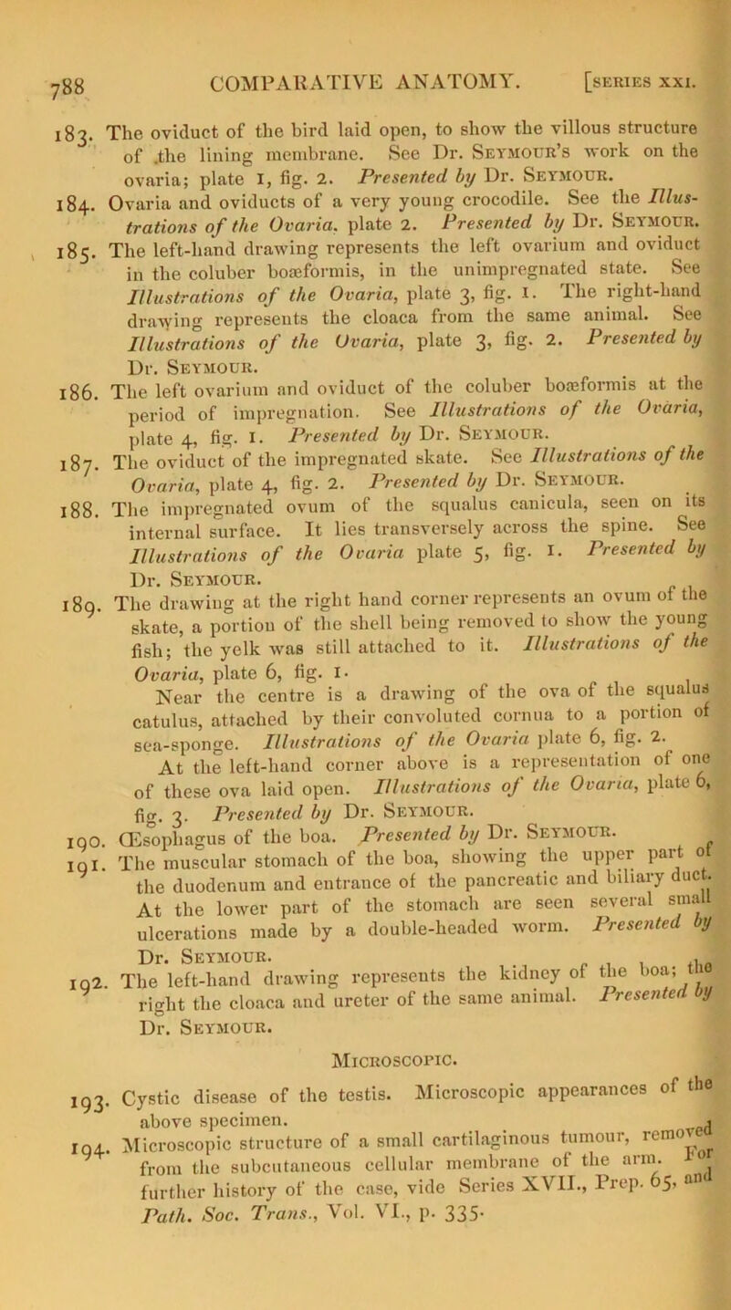 183. The oviduct of the bird laid open, to show the villous structure of .the lining membrane. See Dr. Seymour’s work on the ovaria; plate I, fig. 2. Presented by Dr. Seymour. 184. Ovaria and oviducts of a very young crocodile. See the Illus- trations of the Ovaria. plate 2. Presented by Dr. Seymour. 185. The left-hand drawing represents the left ovarium and oviduct in the coluber bomformis, in the unimpregnated state. See Illustrations of the Ovaria, plate 3, fig. I. The right-hand drawing represents the cloaca from the same animal. See Illustrations of the Ovaria, plate 3, fig. 2. Presented by Dr. Seymour. 186. The left ovarium and oviduct of the coluber boajformis at the period of impregnation. See Illustrations of the Ovaria, plate 4, fig. I. Presented by Dr. Seymour. 187. The oviduct of the impregnated skate. See Illustrations of the Ovaria, plate 4, fig. 2. Presented by Dr. Seymour. 188. The impregnated ovum of the squalus canicula, seen on its internal surface. It lies transversely across the spine. See Illustrations of the Ovaria plate 5, fig. I. Presented by Dr. Seymour. 180. The drawing at the right hand corner represents an ovum ot the skate, a portiou of the shell being removed to show the young fish; the yelk was still attached to it. Illustrations of the Ovaria, plate 6, fig. I* Near the centre is a drawing of the ova of the squalus catulus, attached by their convoluted cornua to a portion of sea-sponge. Illustrations of the Ovaria plate 6, fig. 2. At the left-hand corner above is a representation of one of these ova laid open. Illustrations of the Ovaria, plate 6, fig. 3. Presented by Dr. Seymour. 100. CEsophagus of the boa. Presented by Dr. Seymour, iqI. The muscular stomach of the boa, showing the upper part ot the duodenum and entrance of the pancreatic and biliary duct. At the lower part of the stomach are seen several small ulcerations made by a double-headed worm. Presented by Dr. Seymour. . „ . . ... 1 q2. The left-hand drawing represents the kidney of the boa; right the cloaca and ureter of the same animal. 1 resented by Dr. Seymour. Microscopic. 193- Cystic disease of the testis. Microscopic appearances of the above specimen. J IQ4. Microscopic structure of a small cartilaginous tumour, rem0' from the subcutaneous cellular membrane ot the arm. further history of the case, vide Series XVII., Prep. 65, an Path. Soc. Trans., Vol. VI., p. 335.