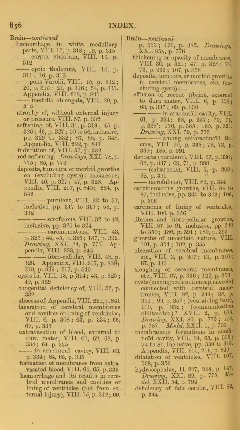 Brain—continued haemorrhage in white medullary parts, VIIL 17, p. 313 ; 19, p. 315 corpus striatum, VIII. 16, p. 312 optic thalamus, YIII. 14, p. 311 ; 16, p. 312 • pons Varolii, VIII. 15, p. 312 ; 20, p. 315 ; 21, p. 316; 54, p. 331. Appendix, VIII. 218, p. 841 • medulla oblongata, VIII. 20, p. 315 atrophy of, without external injury or pressure, VIII. 57, p. 332 softening of, VIII. 31, p. 319 ; 45, p. 326 ; 46, p. 327; 50 to 56, inclusive, pp. 329 to 332; 87, 88, p. 348. Appendix, VIII. 222, p. 841 induration of, VIII. 57, p. 332 red softening. Drawings, XXI. 78, p. 775; 85, p. 776 deposits, tumours, or morbid growths on (excluding cysts) : calcareous, VIII. 46, p. 327; 47, p. 328. Ap- pendix, VIII. 217, p. 840; 224, p. 842 purulent, VIII. 22 to 31, inclusive, pp. 317 to 319 ; 58, p. 332 scrofulous, VIII. 32 to 42, inclusive, pp. 320 to 324 carcinomatous, VIII. 43, p. 325 ; 44, 45, p. 326; 187, p. 392. Drawing, XXI. 84, p. 776. Ap- pendix, VIII. 223, p. 842 fibro-cellular, VIII. 48, p. 328. Appendix, VIII. 207, p. 838; 210, p. 839 ; 217, p. 840 cysts iD, VIII. 18, p..314; 43, p. 325 ; 49, p. 329 congenital deficiency of, VIII. 57, p. 332 abscess of, Appendix, VIII. 221, p.841 laceration of cerebral membranes and cavities or lining of ventricles, VIII. 6, p. 308 ; 63, p. 334; 66, 67, p. 336 extravasation of blood, external to dura mater, VIII. 61, 62, 63, p. 334; 64, p. 335 in arachnoid cavity, VIII. 63, p. 334; 64, 65, p. 335 formation of membranes from extra- vasated blood, VIII. 64, 65, p.335 haemorrhage and its results in cere- bral membranes and cavities or lining of ventricles (not from ex- ternal injury), VIII. 15, p. 312; 60, Brain—coni inued p. 333 ; 176, p. 385. Drawings, XXI. 85a, p. 776 thickening or opacity of membranes, VIII. 36, p. 321; 47, p. 328; 72, 73, p. 339 ; 107, p. 356 deposits, tumours, or morbid growths in cerebral membranes, etc. (ex- cluding cysts):— effusion of recent fibrine, external to dura mater, VIII. 6, p. 308; 68, p. 337 ; 69, p. 338 in arachnoid cavity, VIII. 61, p. 334; 68, p. 337; 70, 71, p. 338’; 176, p.385; 185, p. 391. Draiving, XXI. 79, p. 775 among subarachnoid tis- sues, VIII. 70, p. 338; 72, 73, p. 339; 185, p. 391 deposits (purulent), VIII. 67, p.336; 68, p. 337 ; 69, 71, p. 338 (calcareous), VIII. 7, p. 308; 92, p. 351 (scrofulous), VIII. 83, p. 344 carcinomatous growths, VIII. 84 to 87, inclusive, pp. 345 to 348 ; 106, p. 356 carcinoma of lining of ventricles, VIII. 106, p. 356 fibrous and fibro-cellular growths, VIII. 87 to 91, inclusive, pp. 348 to 350; 186, p. 391 ; 189, p. 393 growths of uncertain nature, VIII. 101, p. 354 ; 102, p. 355 ulceration of cerebral membranes, etc., VIII. 3, p. 307; 13, p. 310; 67, p. 336 sloughing of cerebral membranes, etc., VIII. 67, p. 336 ; 122, p. 363 cysts (meningocele aud eucephalocele) connected with cerebral mem- branes, VIII. 82, p. 344; 98, p. 351 ; 99, p. 352 ; (containing hair), 100, p. 352 ; (communication obliterated) ? XVIL 2, p. 668. Drawing, XXI. 80, p. 775 ; 174, p. 787. Model, XXII. 1, p. 790 membranous formations in arach- noid cavity, VIII. 64, 65, p. 335; 74 to 81, inclusive, pp. 339 to 343. Appendix, VIII. 215, 216, p. 840 dilatation of ventricles, VIII. 107, 108, p. 356 hydrocephalus, II. 247, 248, p. 147. Drawing, XXI. 82, p. 775. del, XXII. 54, p. 794 __ deficiency of falx cerebri, VIII. 8% p. 344