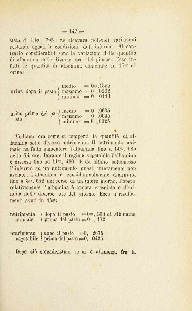 -147 — stata di 13gr , 795 ; nò riceveva notevoli variazioni restando uguali le condizioni dell’ infermo. Al con- trario considerabili sono le variazioni della quantità di albumina nelle diverse ore del giorno. Fxco in- fatti le quantità di albumina contenute in 153^ di orina: ) medio == 0oi*,1595 urine dopo il pasto [ massimo == 0 ,0202 ) minimo = 0 ,0113 urine prima del pa- sto ] medio = 0 ,0605 / massimo = 0 ,0095 ] minimo = 0 ,0025 f Vediamo ora come si comporti la quantità di al- bumina sotto diverso nutrimento. Il nutrimento ani- male ha fatto aumentare Talbumina fino a 14g^ 985 nelle 24 ore. Durante il regime vegetabile l’albumina è discesa fino ad ll8^ 430. E da ultimo sottomesso r infermo ad un nutrimento quasi interamente non azotato, l’albumina è considerevolmente diminuita fino a 3D^ 642 nel corso di un intero giorno. Epperò relativamente 1’ albumina è ancora cresciuta o dimi- nuita nelle diverse ore del giorno. Ecco i risulta- menti avuti in 15gr: nutrimento ) dopo il pasto =0gr, 300 di albumina animale ) prima del pasto =0 , 172 nutrimento j dopo il pasto =0, 2675 vegetabile j prima del pasto =0, 0425