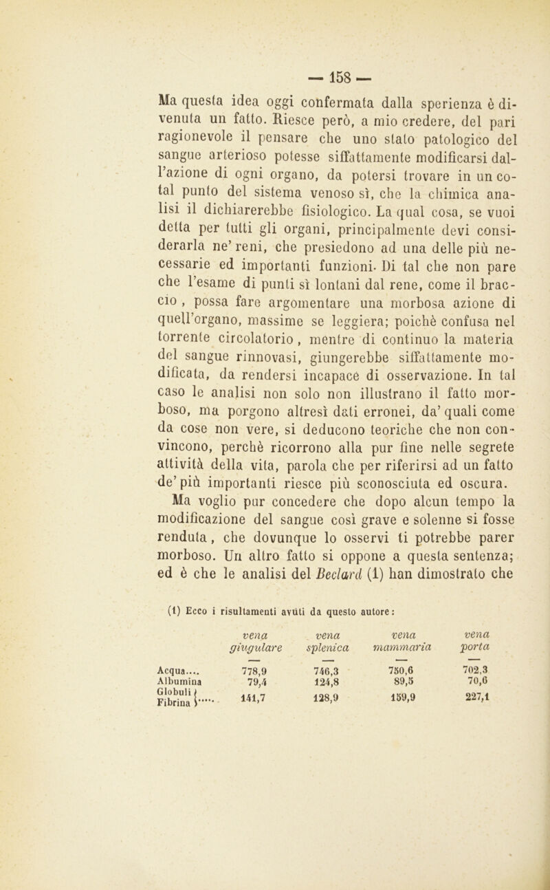 Ma questa idea oggi confermata dalla sperienza è di- venuta un fatto. Riesce però, a mio credere, del pari ragionevole il pensare che uno stato patologico del sangue arterioso potesse siffattamente modificarsi dal- l’azione di ogni organo, da potersi trovare in un co- tal punto del sistema venoso sì, che la chimica ana- lisi il dichiarerebbe fisiologico. La qual cosa, se vuoi detta per tutti gli organi, principalmente devi consi- derarla ne’ reni, che presiedono ad una delle più ne- cessarie ed importanti funzioni- Di tal che non pare che l’esame di punti sì lontani dal rene, come il brac- cio , possa fare argomentare una morbosa azione di queU’organo, massime se leggiera; poiché confusa nel torrente circolatorio, méntre di continuo la materia del sangue rinnovasi, giungerebbe siffattamente mo- dificata, da rendersi incapace di osservazione. In tal caso le analisi non solo non illustrano il fatto mor- boso, ma porgono altresì dati erronei, da’ quali come da cose non vere, si deducono teoriche che non con- vincono, perchè ricorrono alla pur fine nelle segrete attività della vita, parola che per riferirsi ad un fatto de’più importanti riesce più sconosciuta ed oscura. Ma voglio pur concedere che dopo alcun tempo la modificazione del sangue così grave e solenne si fosse venduta, che dovunque lo osservi ti potrebbe parer morboso. Un altro fatto si oppone a questa sentenza; ed è che le analisi del Bedard (1) han dimostrato che (1) Ecco i risultamenti aviiti da questo autore : vena vena vena vena giugulare selenica mammaria porta Acqua.... 778,9 746,3 750,6 702,3 Albumina 79/1 124,8 89,5 70,6 Globuli 1 Fibrina \ 141,7 128,9 159,9 227,1